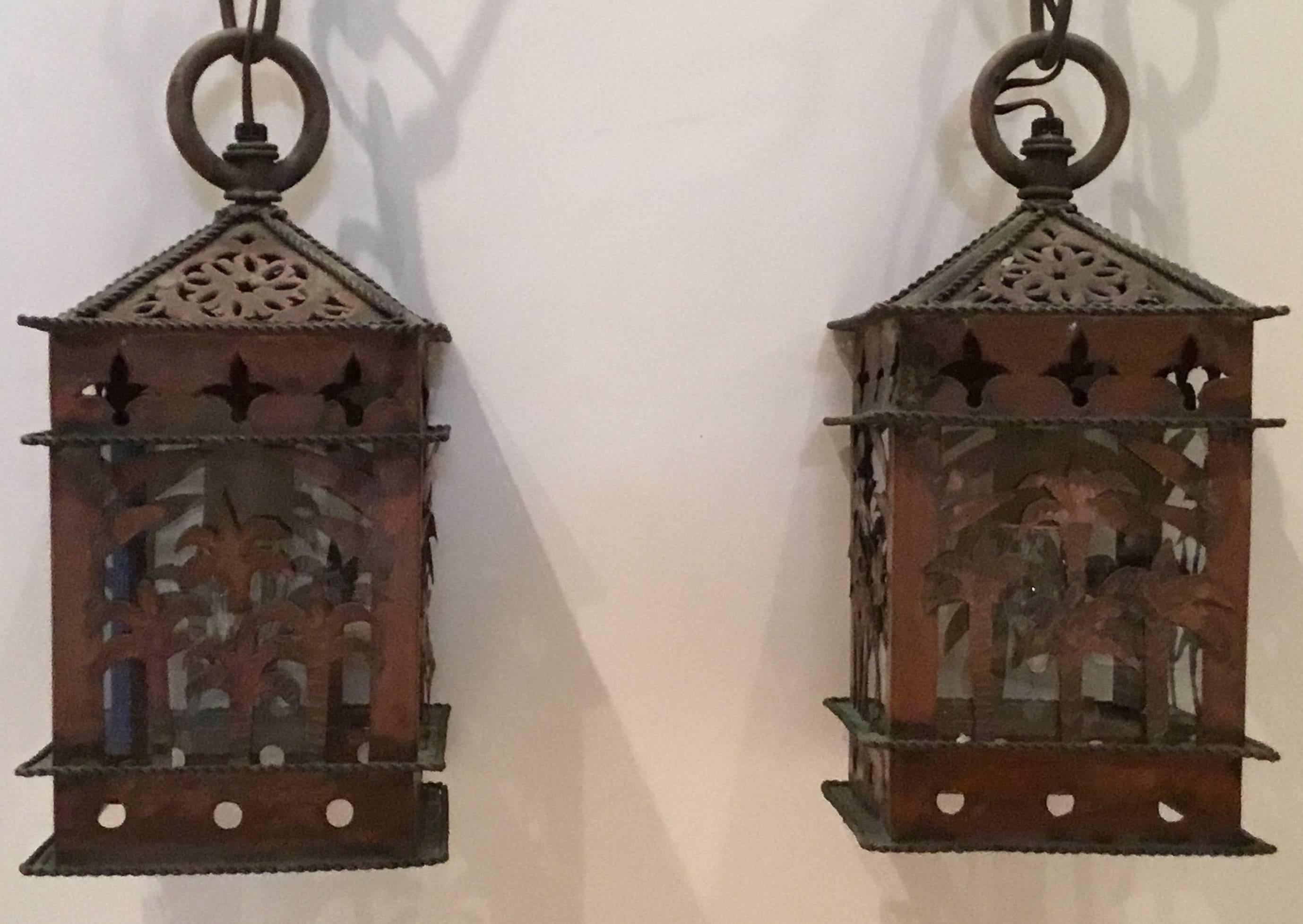 Mid-20th Century Pair of Vintage Hanging Copper Lanterns