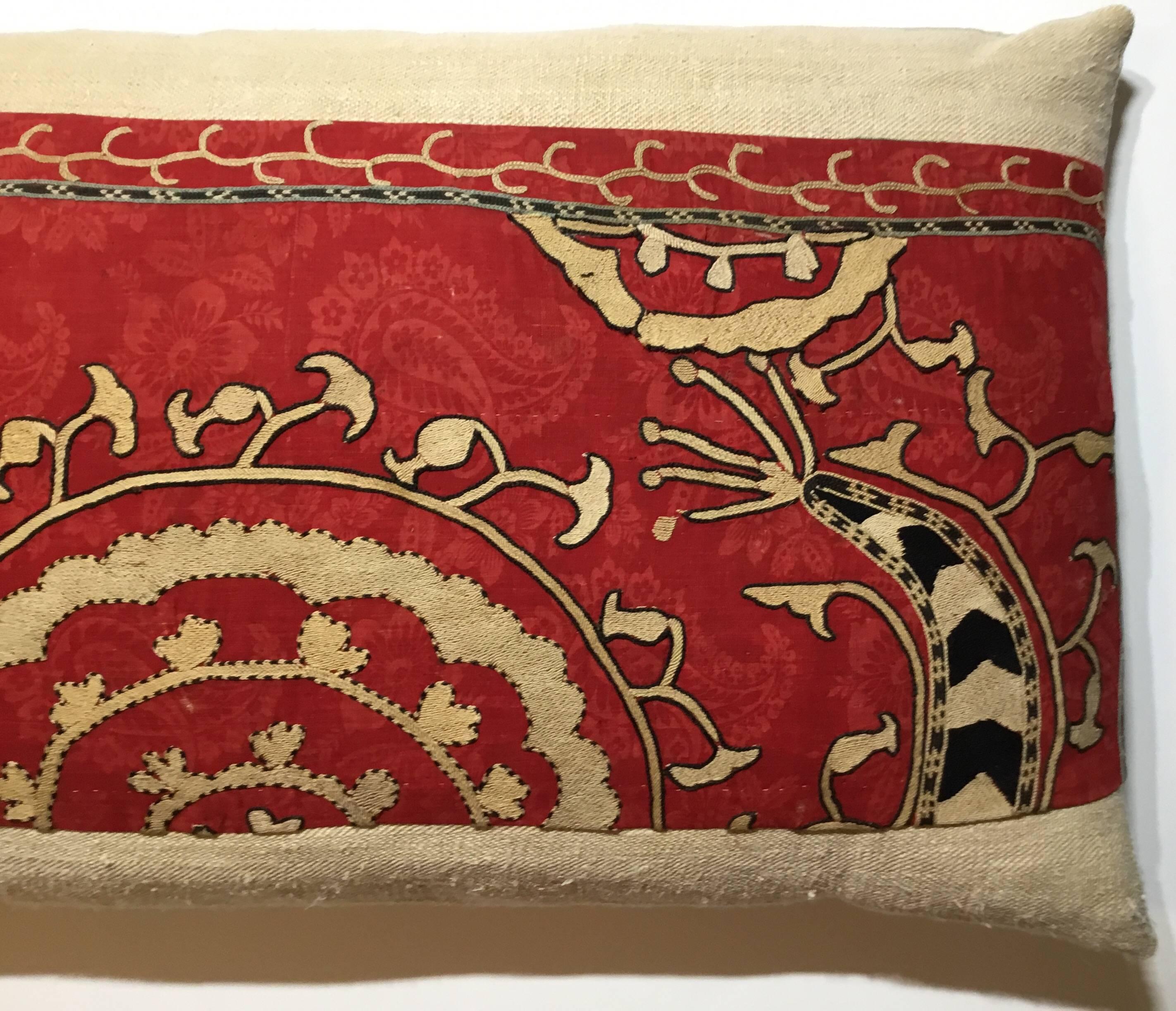 Beautiful pillow made of 19th century antique hand embroidery Suzani fragment,
very interact embroidery on 19th century red background print cotton.
Frash insert, down and feather.
Sides and back linen.