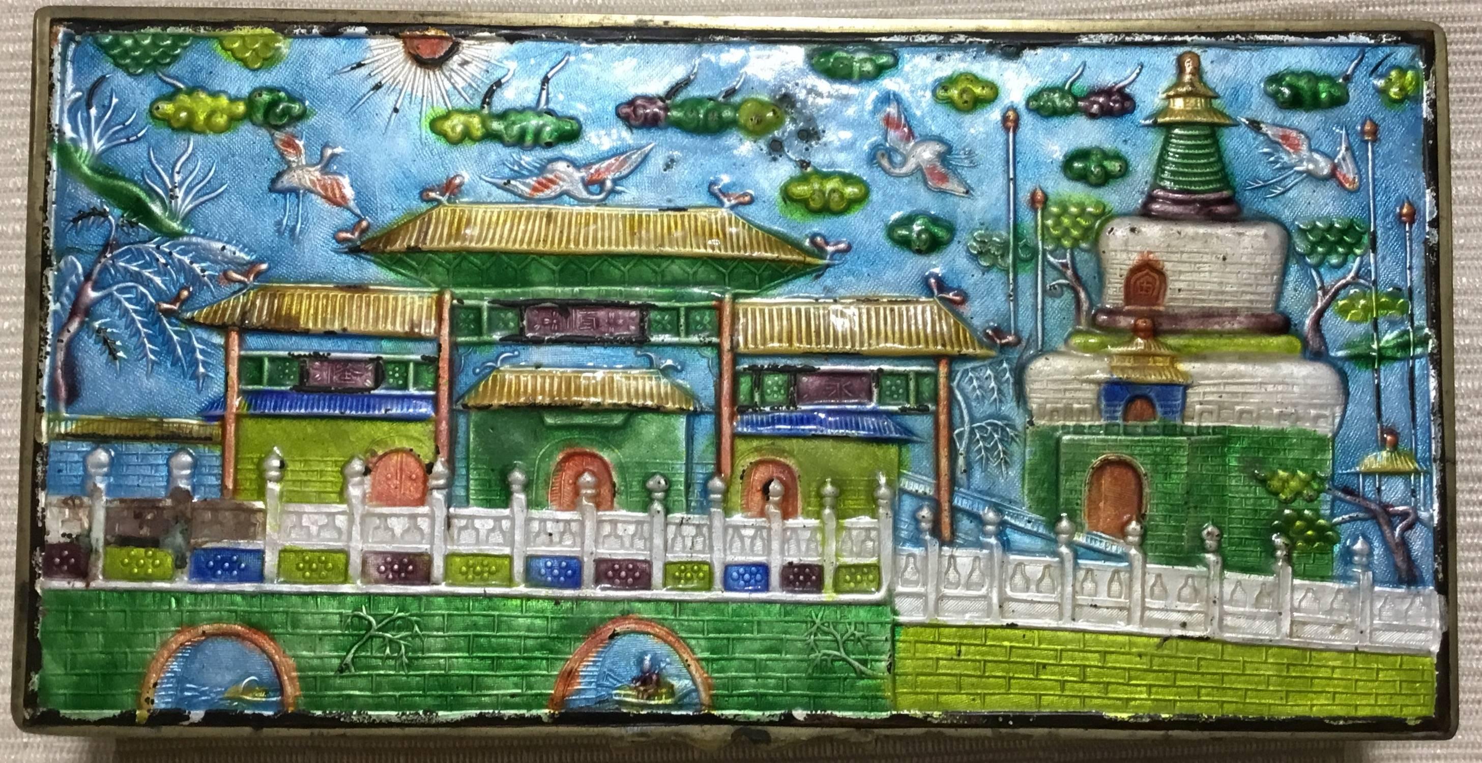 Beautiful jewelry box made of brass and overlay with fantastic colors of enamel, with Tempe and garden scene. Some imperfections, as is.