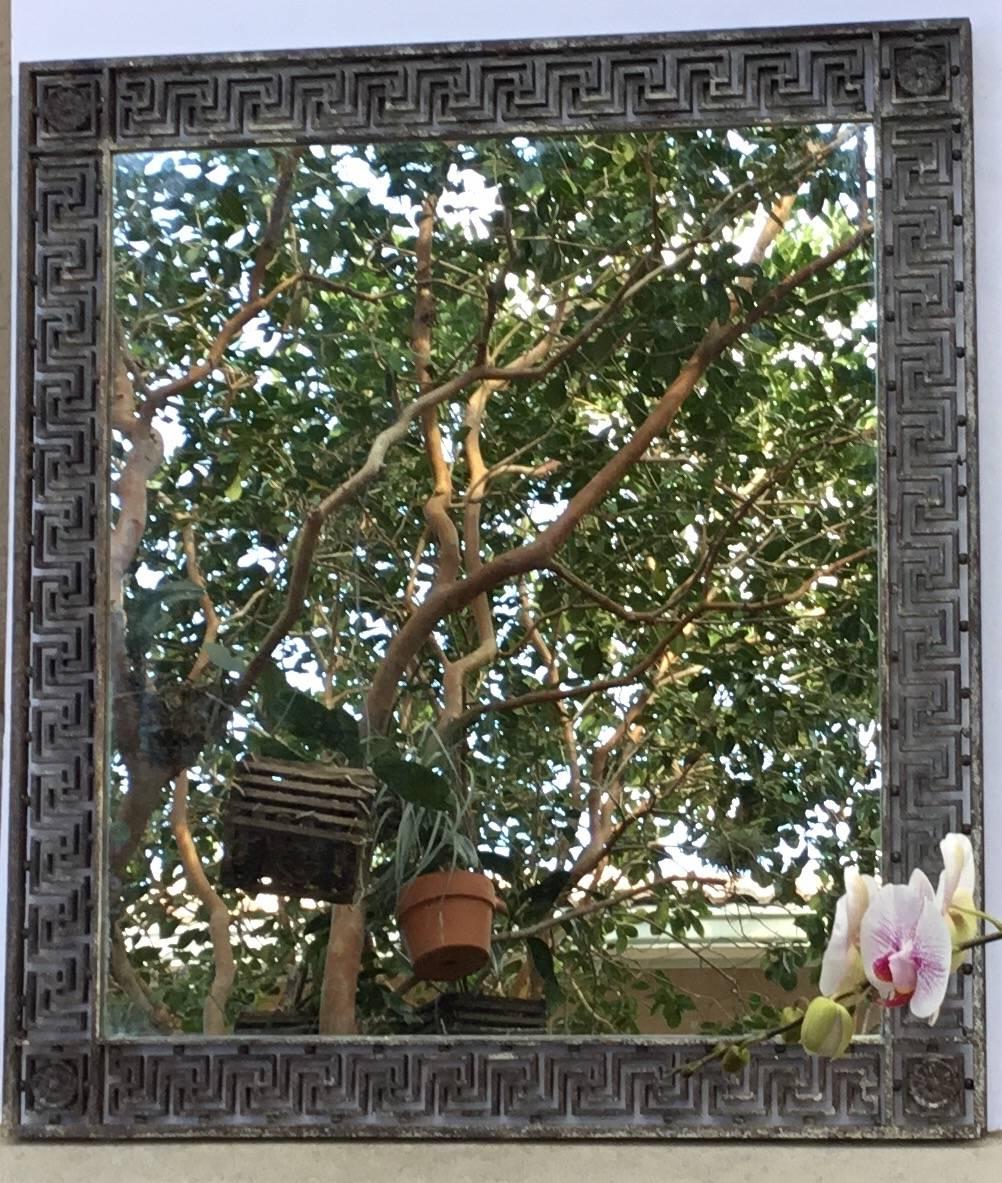 Exceptional Old Greek Key Iron Mirror In Excellent Condition In Delray Beach, FL