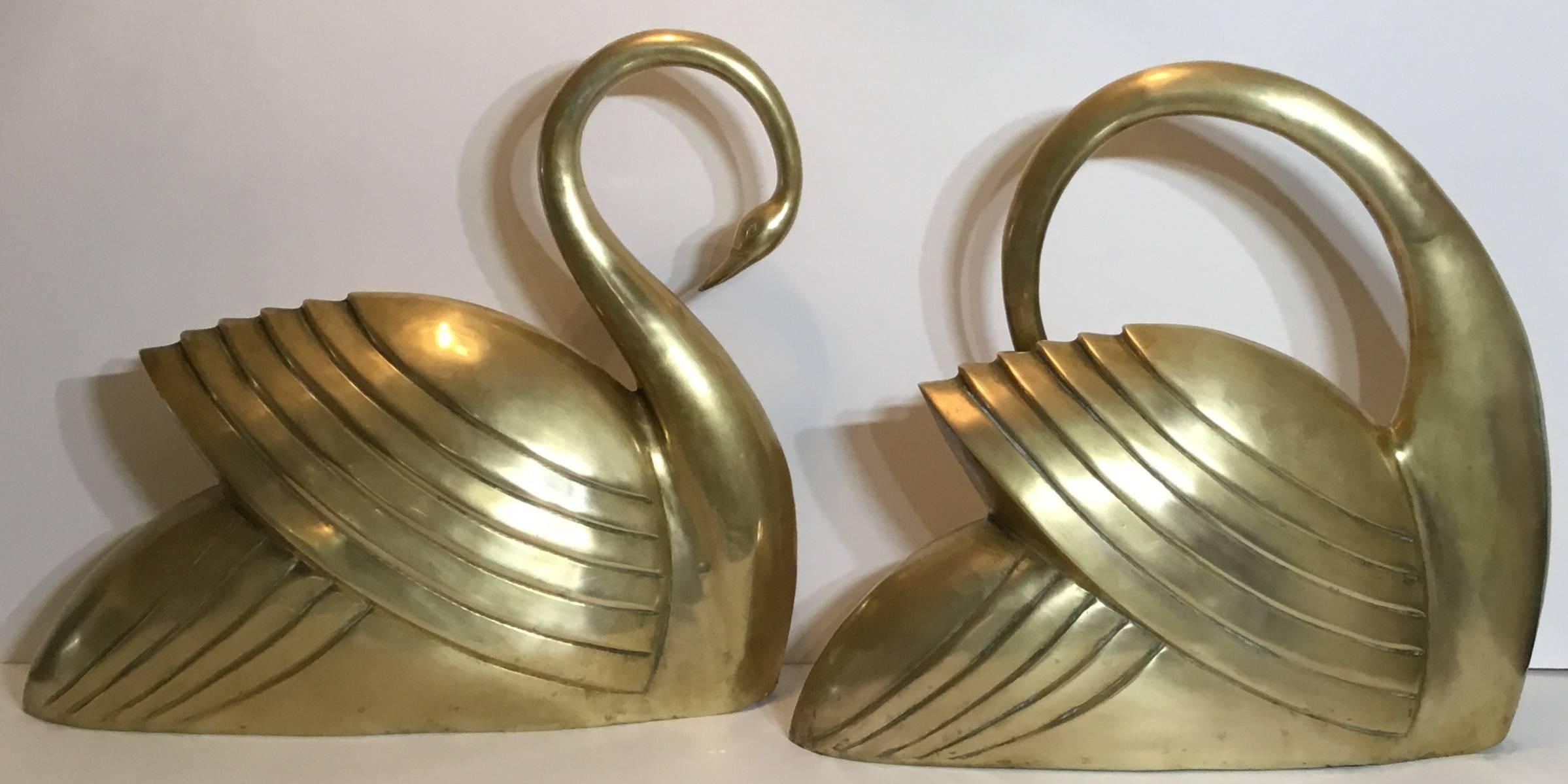 Late 20th Century Elegant Pair of Modernist Brass Swan