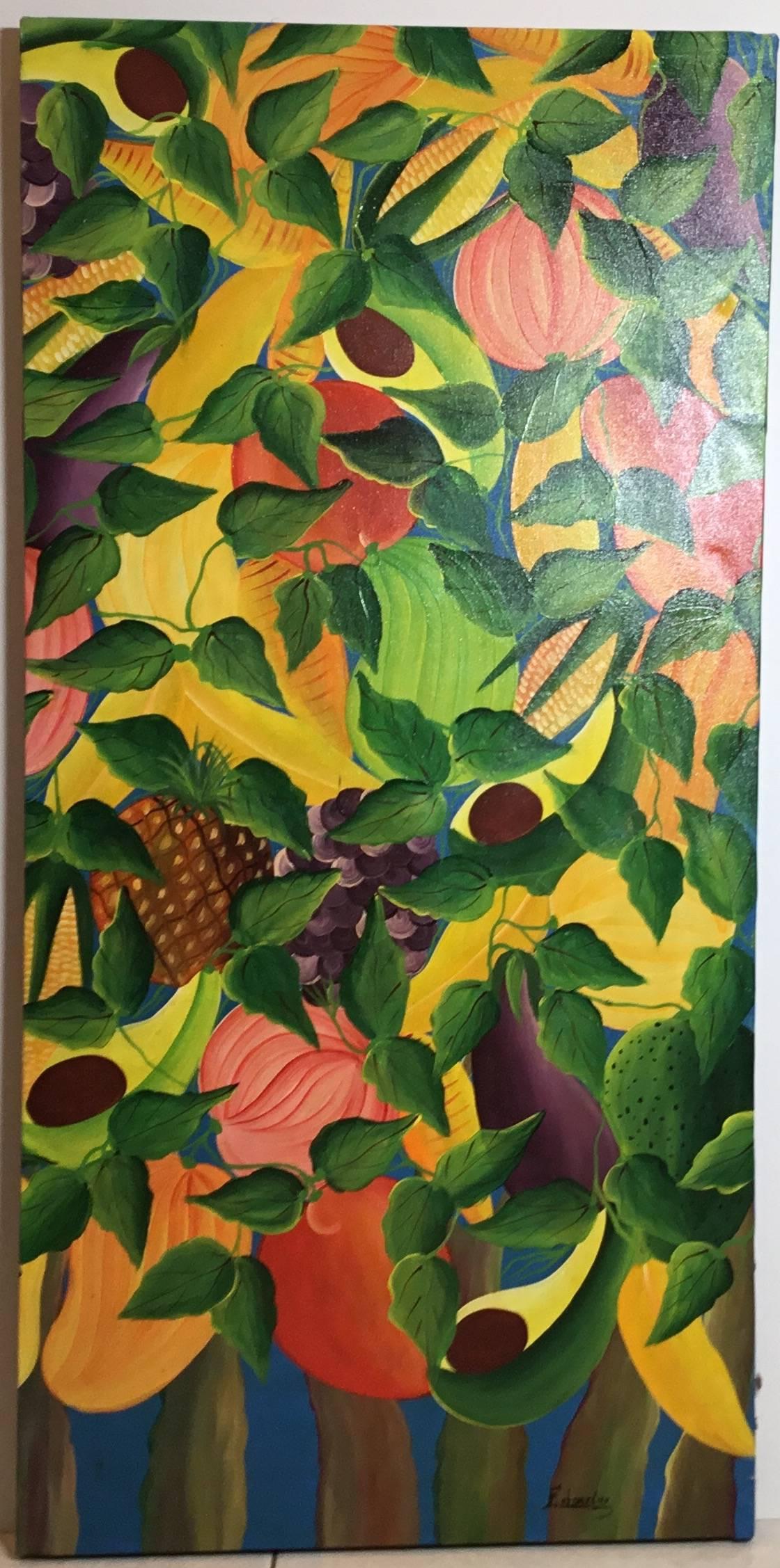 Beautiful oil painting on canvas by indigenous Haitian artist from the 1960s.
Depicting vibrant colorful painting of the island fruth harvest.
Very detailed, real life look.
Signed by the artist, unframed.