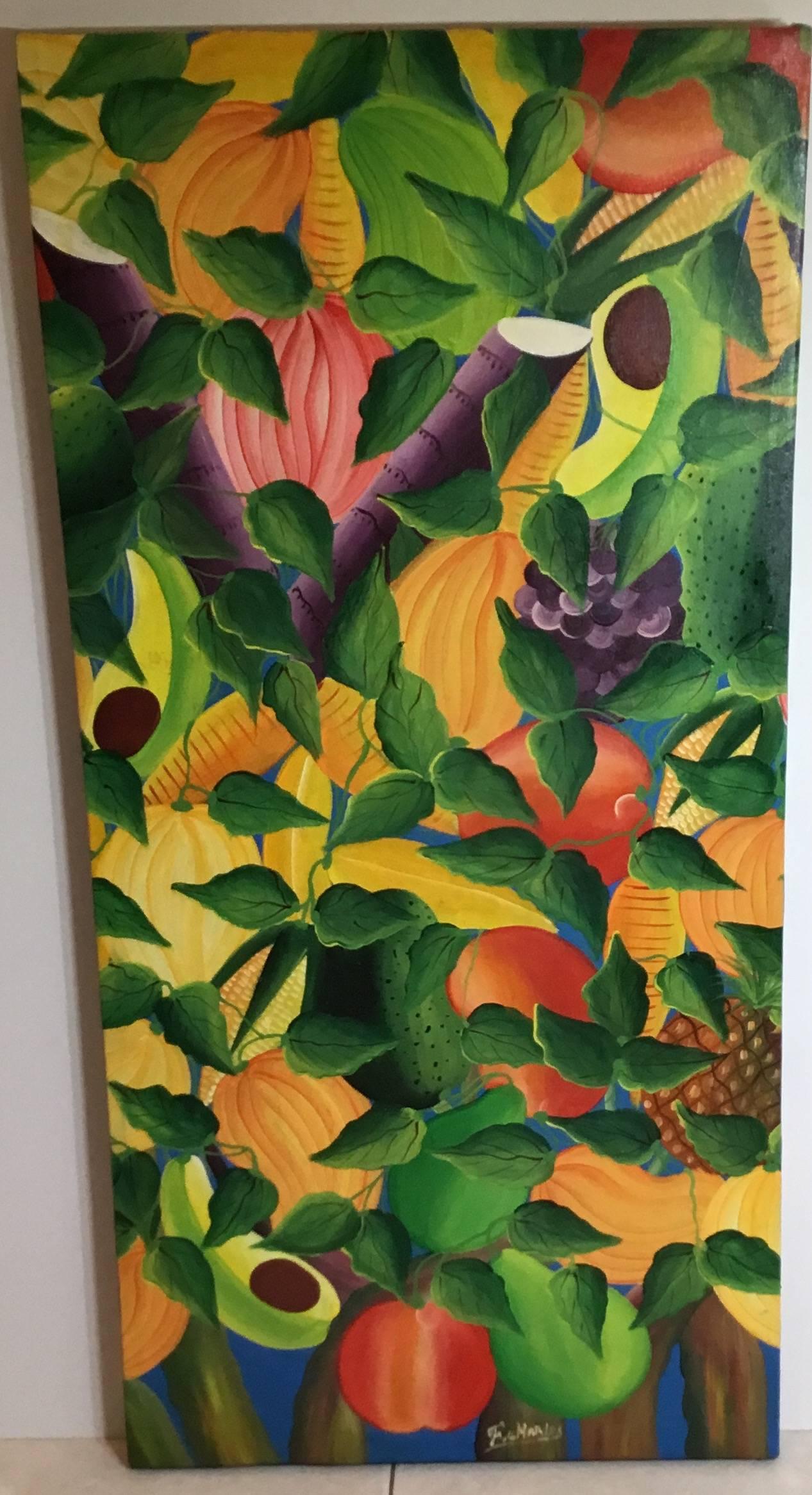 Beautiful oil painting on canvas by indigenous Haitian artist from the 1960s
Depicting vibrant colorful painting of the island fruth harvest, very detailed 
And real life look.
Signed by the artist, unframed.
 