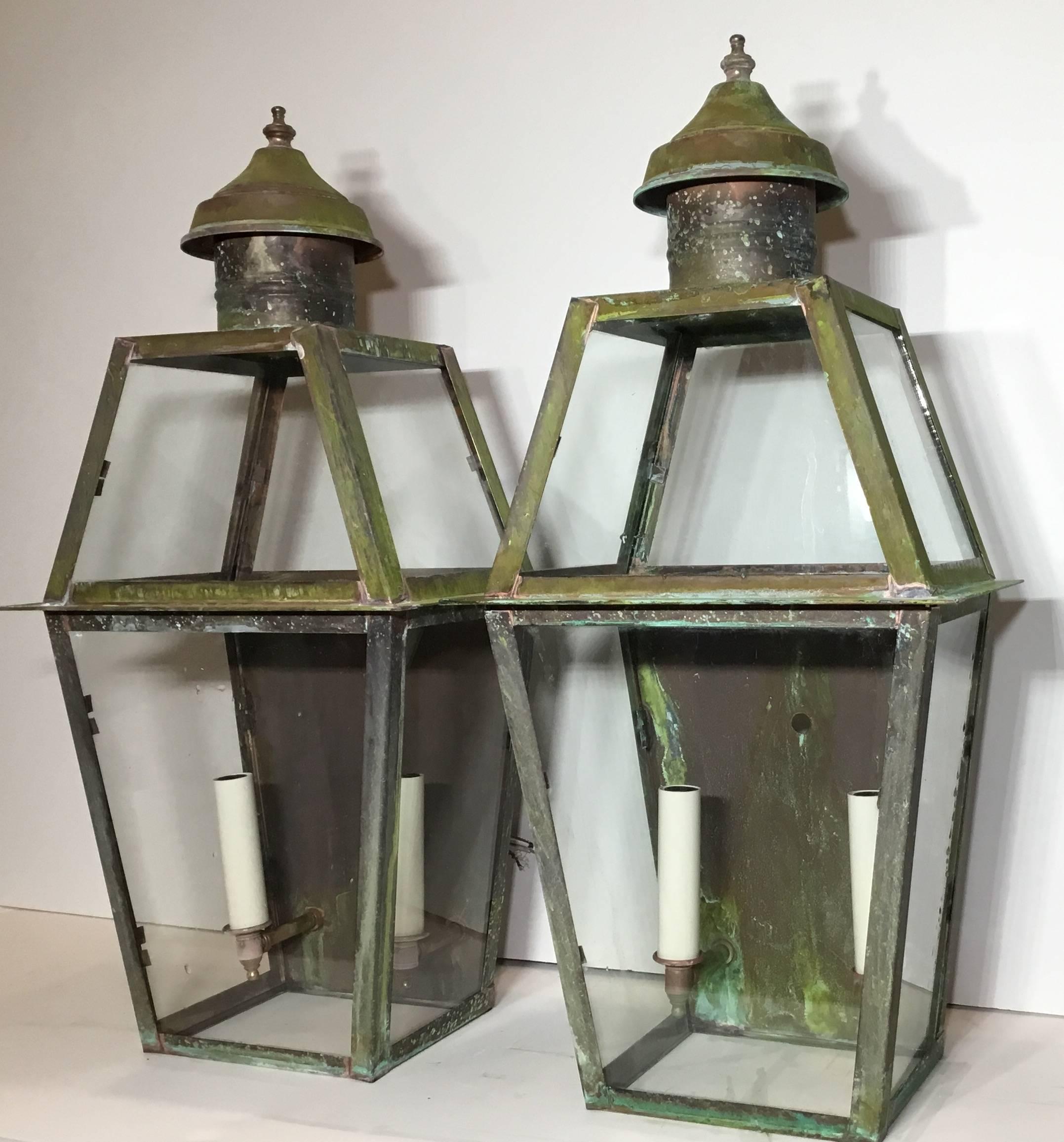 Pair of Large Architectural Wall Lanterns In Excellent Condition In Delray Beach, FL