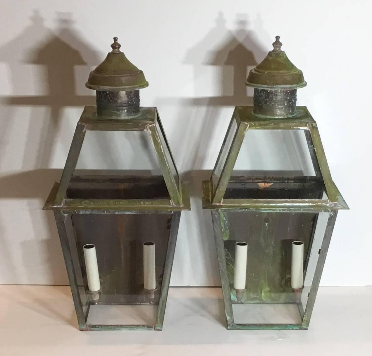 Copper Pair of Large Architectural Wall Lanterns