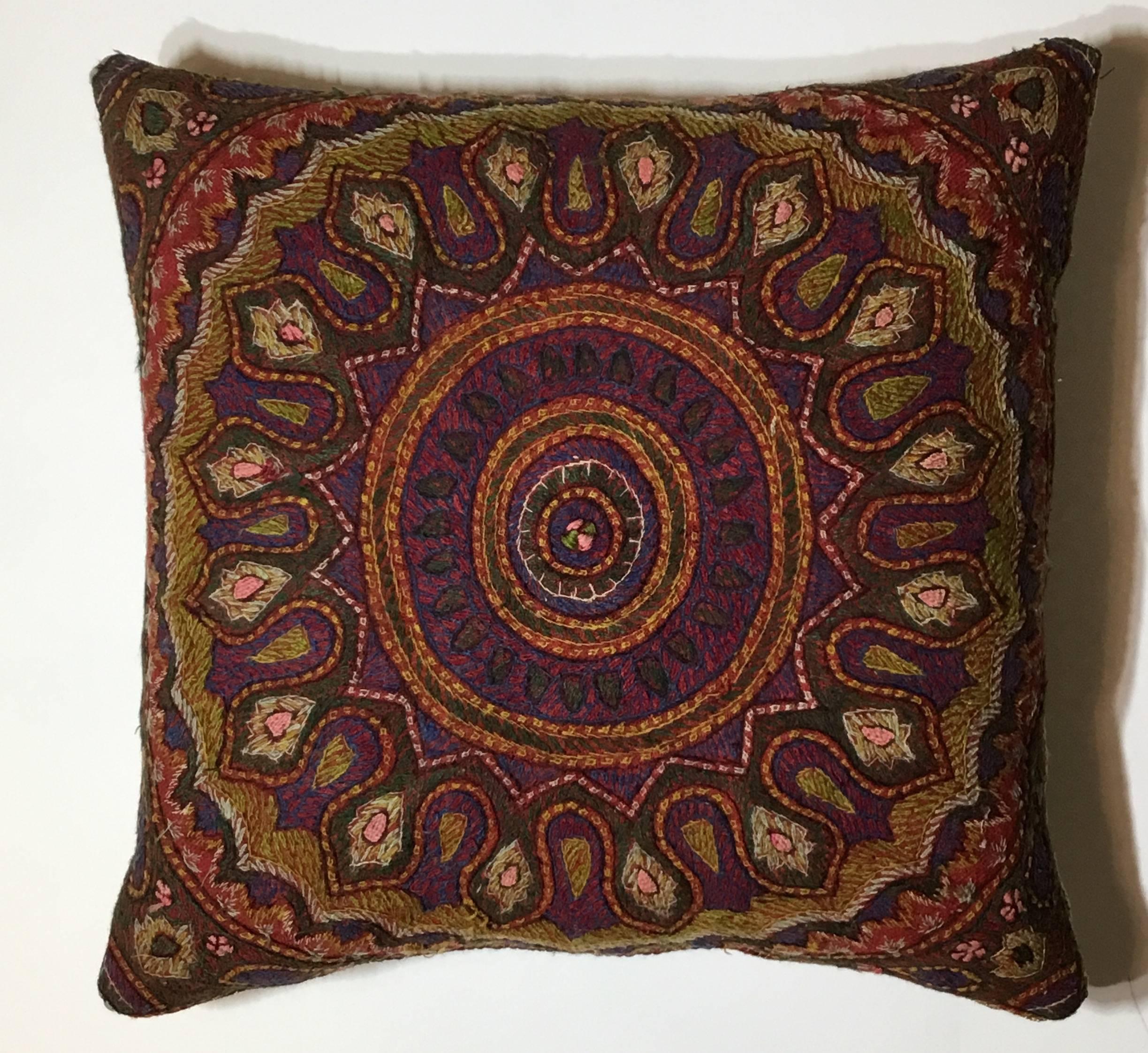 Beautiful hand embroidery pillow made of Persian Kermonsha province textile.
Very detailed floral motifs.
Frash insert.
Cotton backing.