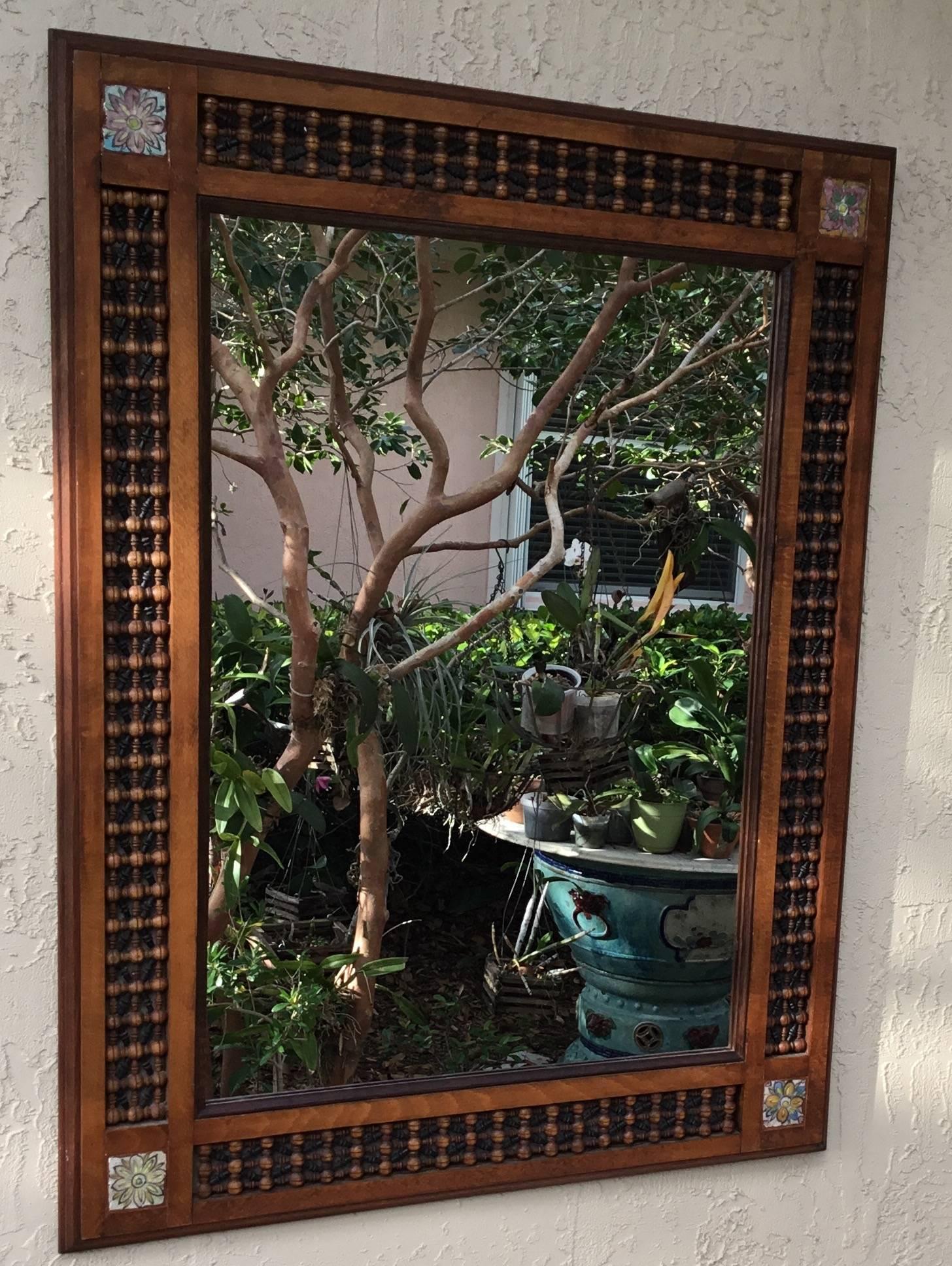 Vintage Moroccan Wood Mirror In Excellent Condition In Delray Beach, FL