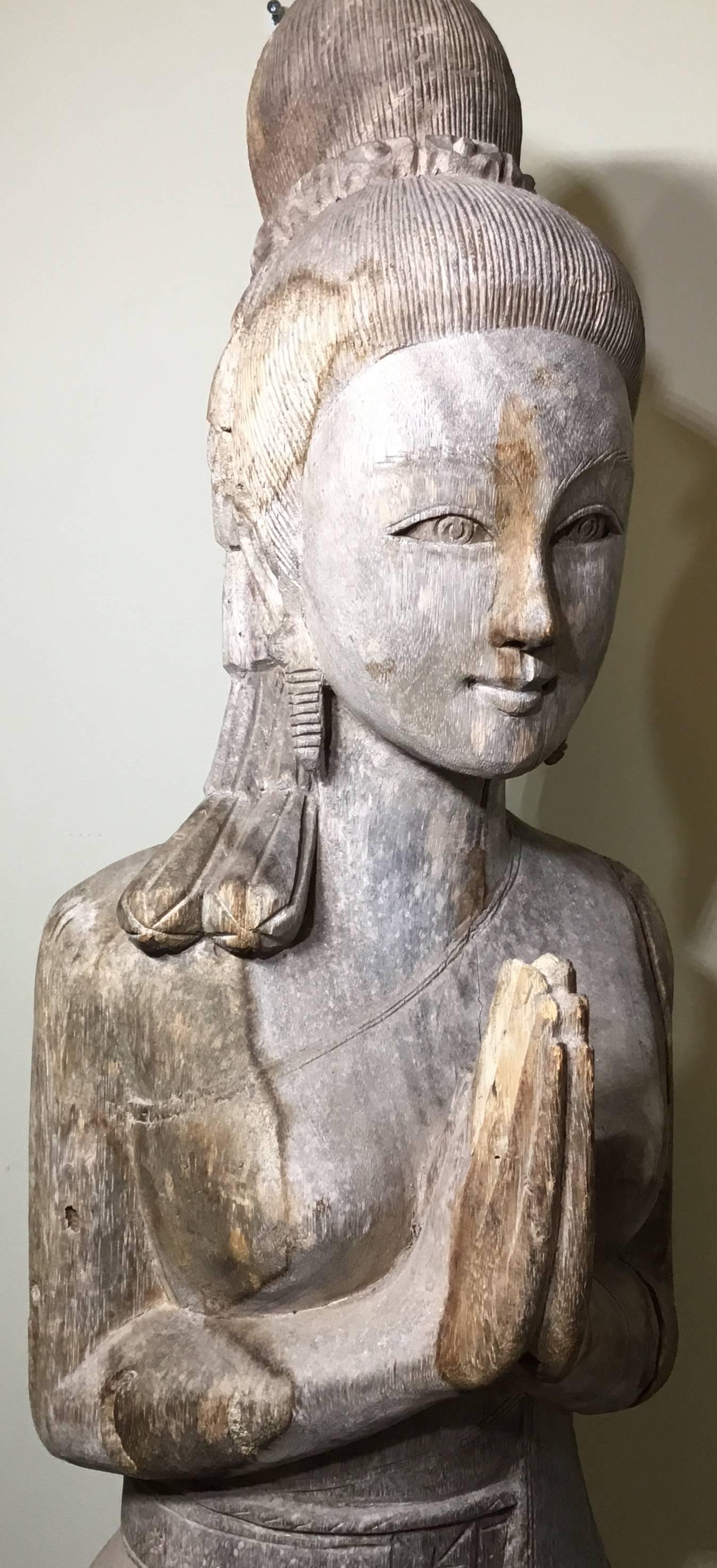 Early 20th Century Carved Wood Old Quan Yin Statue