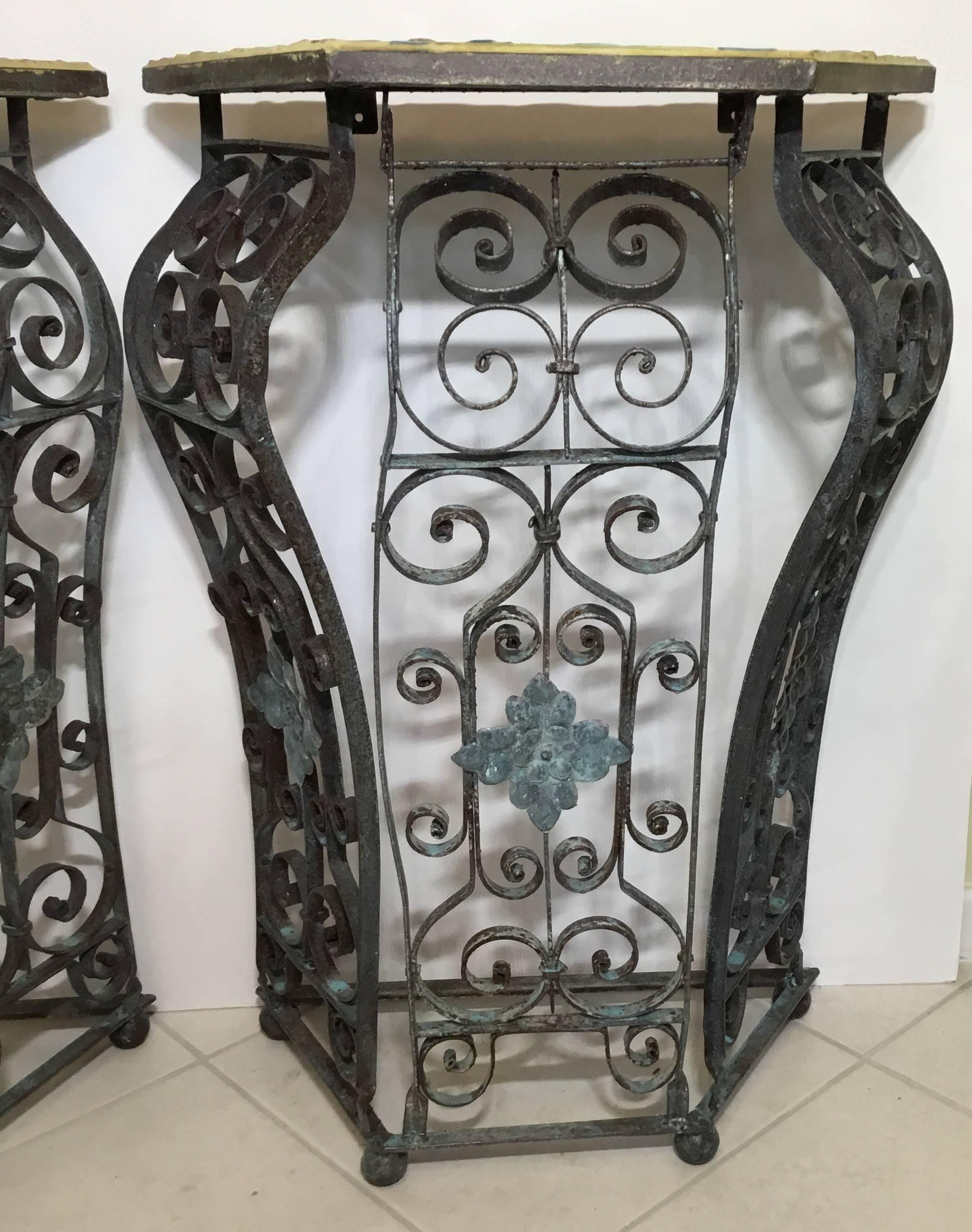 Pair of Artistic Iron and Ceramic Tile Consol In Excellent Condition For Sale In Delray Beach, FL