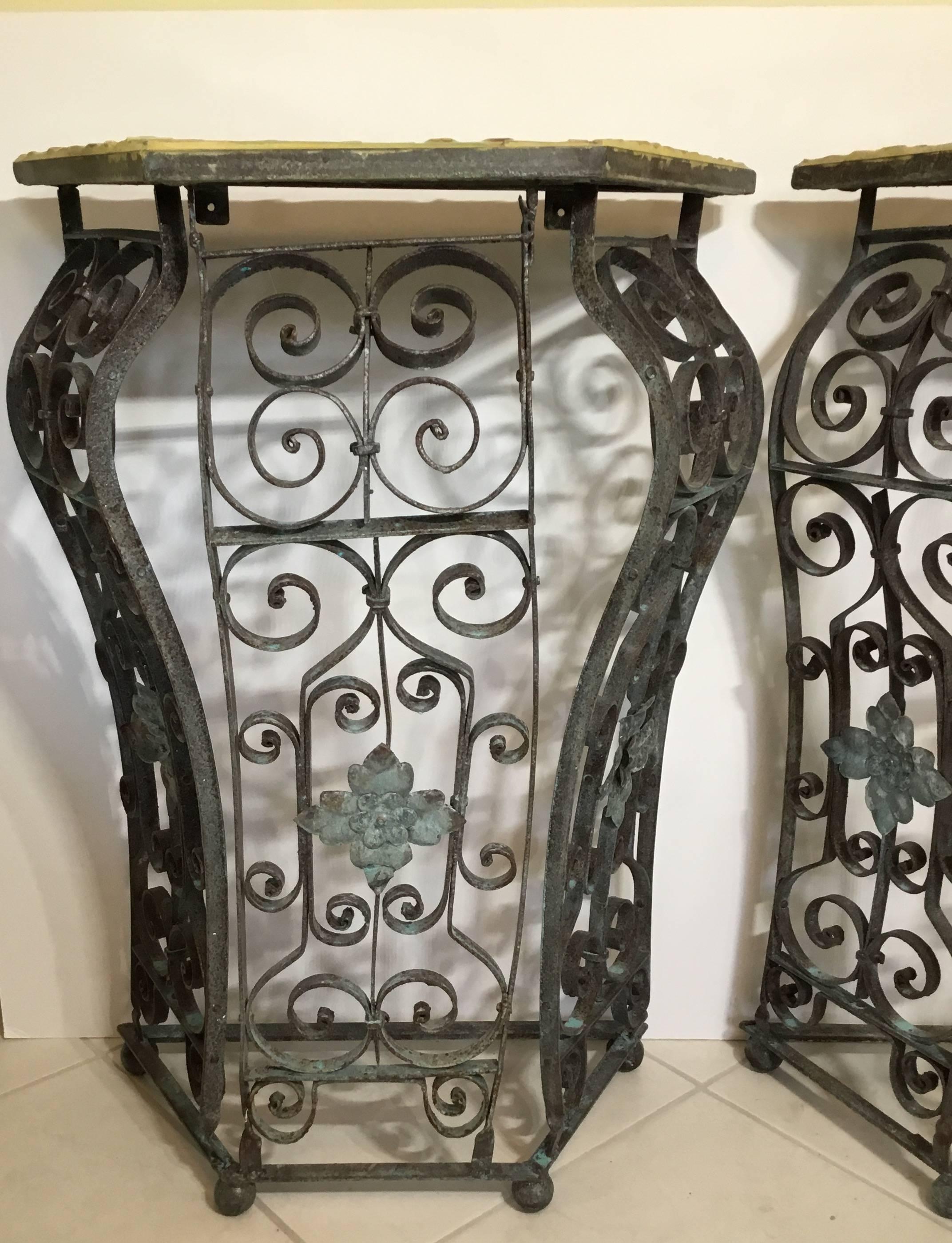 20th Century Pair of Artistic Iron and Ceramic Tile Consol For Sale