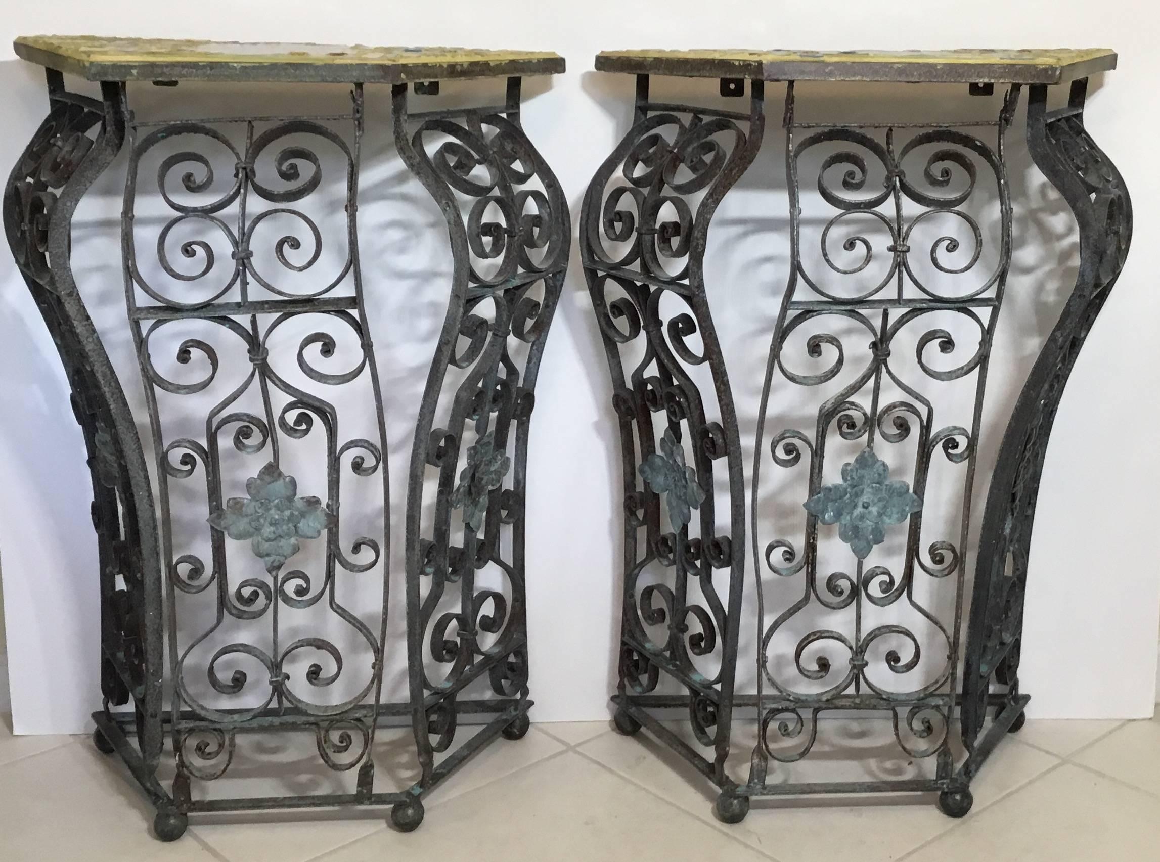 Pair of Artistic Iron and Ceramic Tile Consol For Sale 1