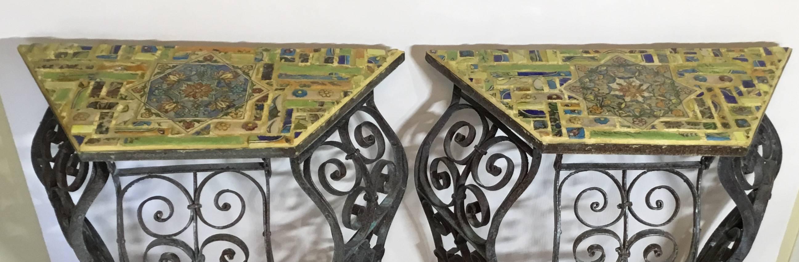 Pair of Artistic Iron and Ceramic Tile Consol For Sale 2