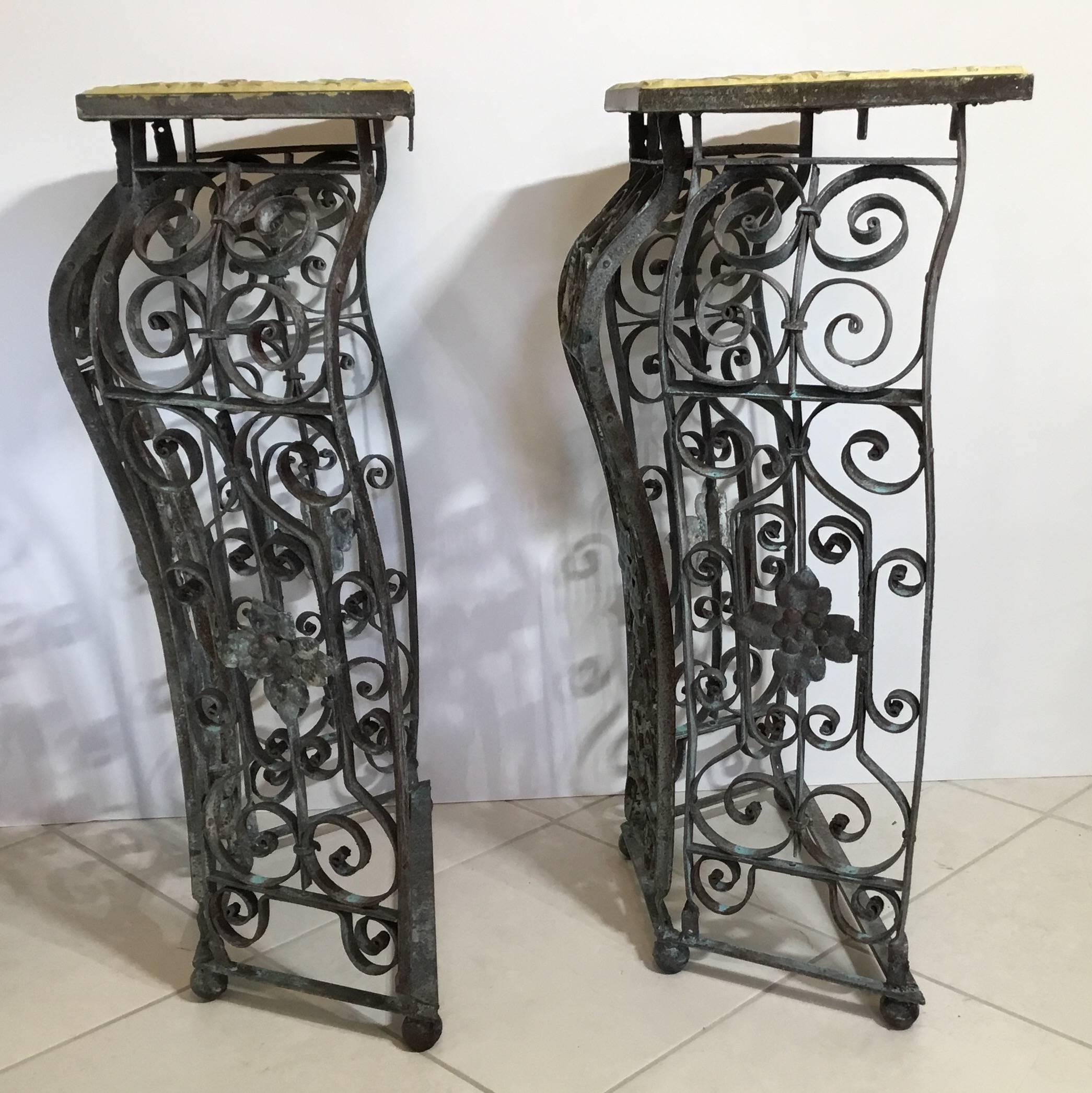 Pair of Artistic Iron and Ceramic Tile Consol For Sale 3