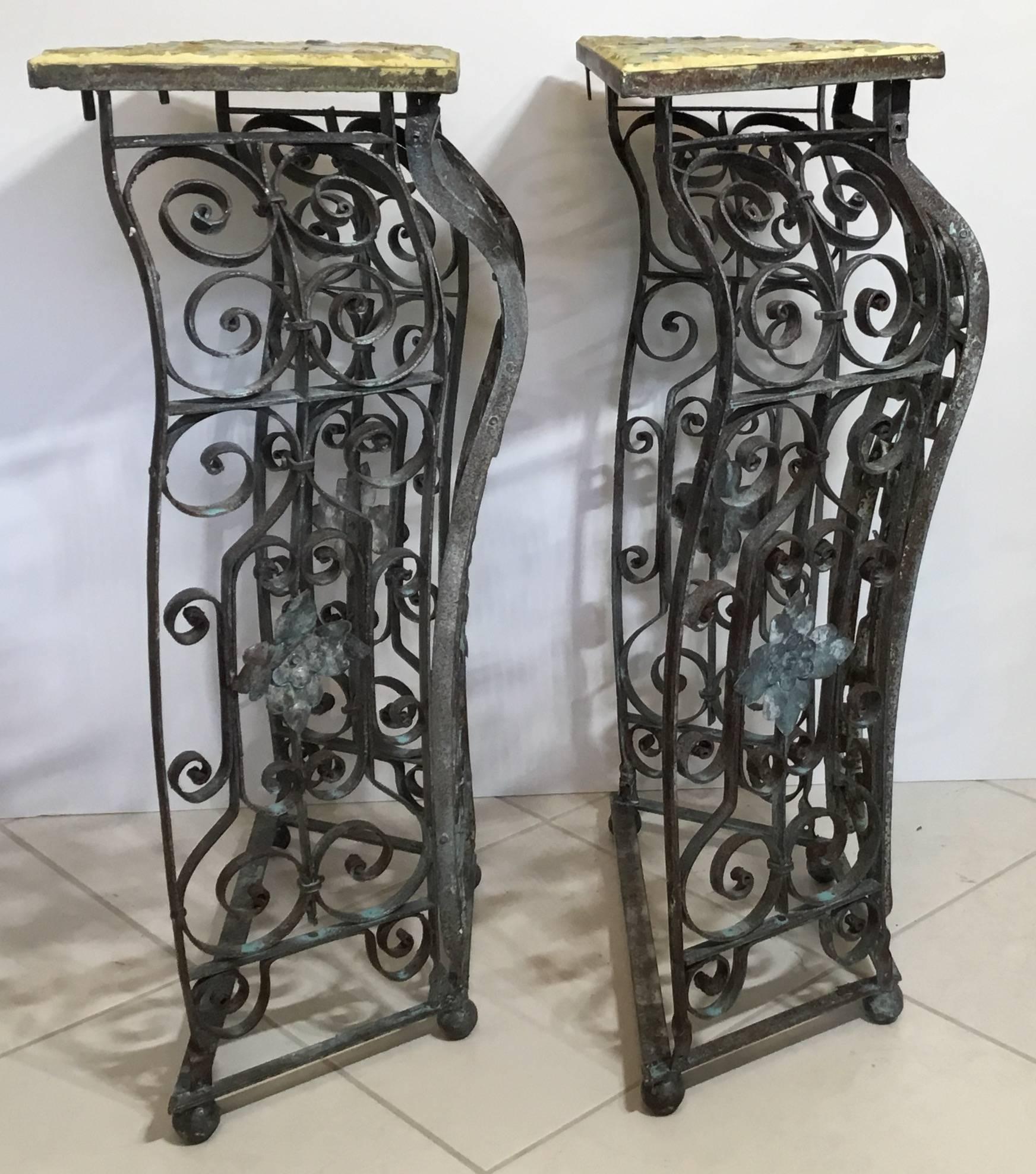 Pair of Artistic Iron and Ceramic Tile Consol For Sale 4