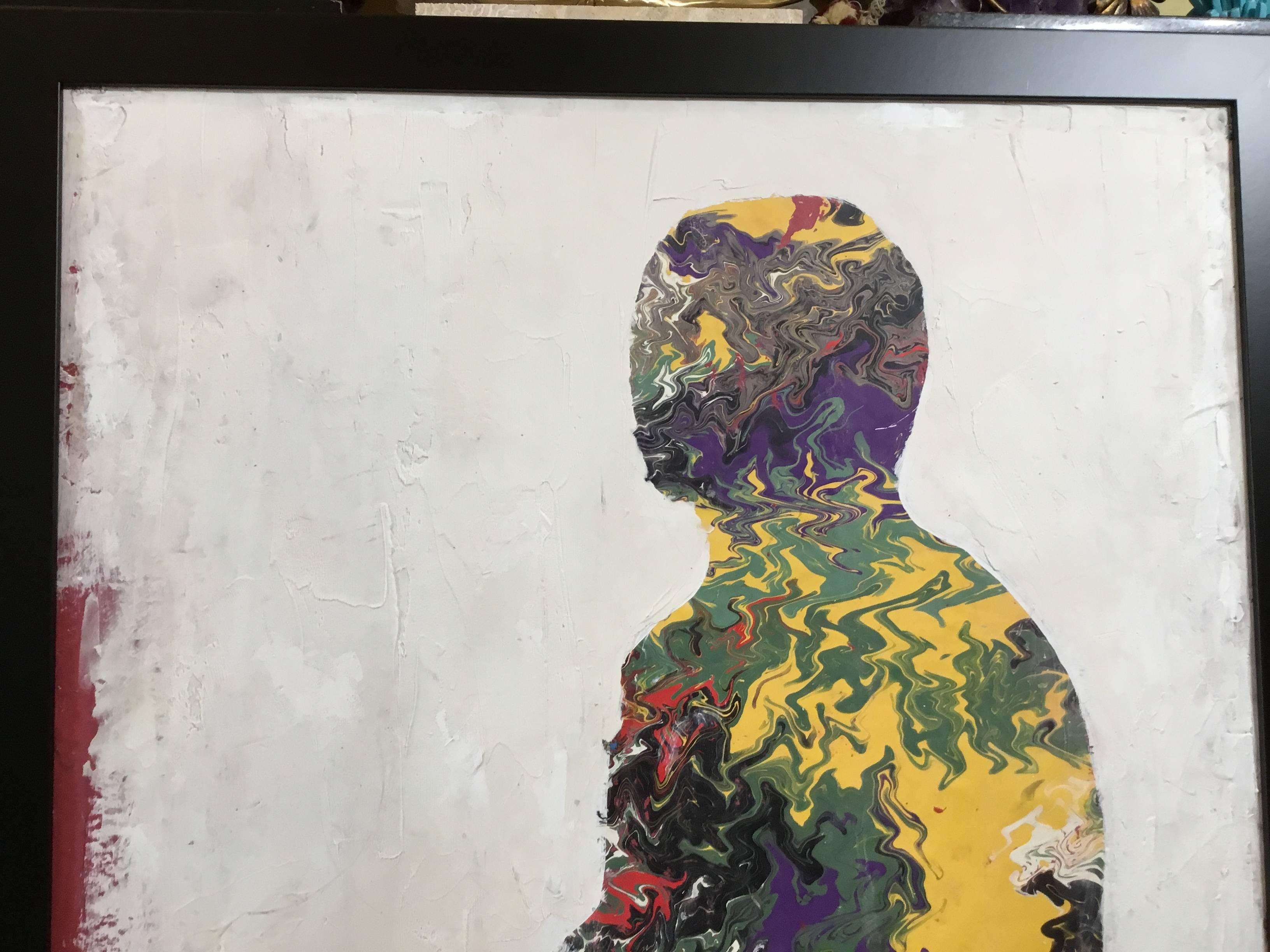 John Frates American contemporary artist exhibited in galleries and art shows 
In Florida in this painting he mix Jackson Pollock style painting with the Far East subject of clame meditating Buddha.
Acrylic paint and gesso on wood board.
The