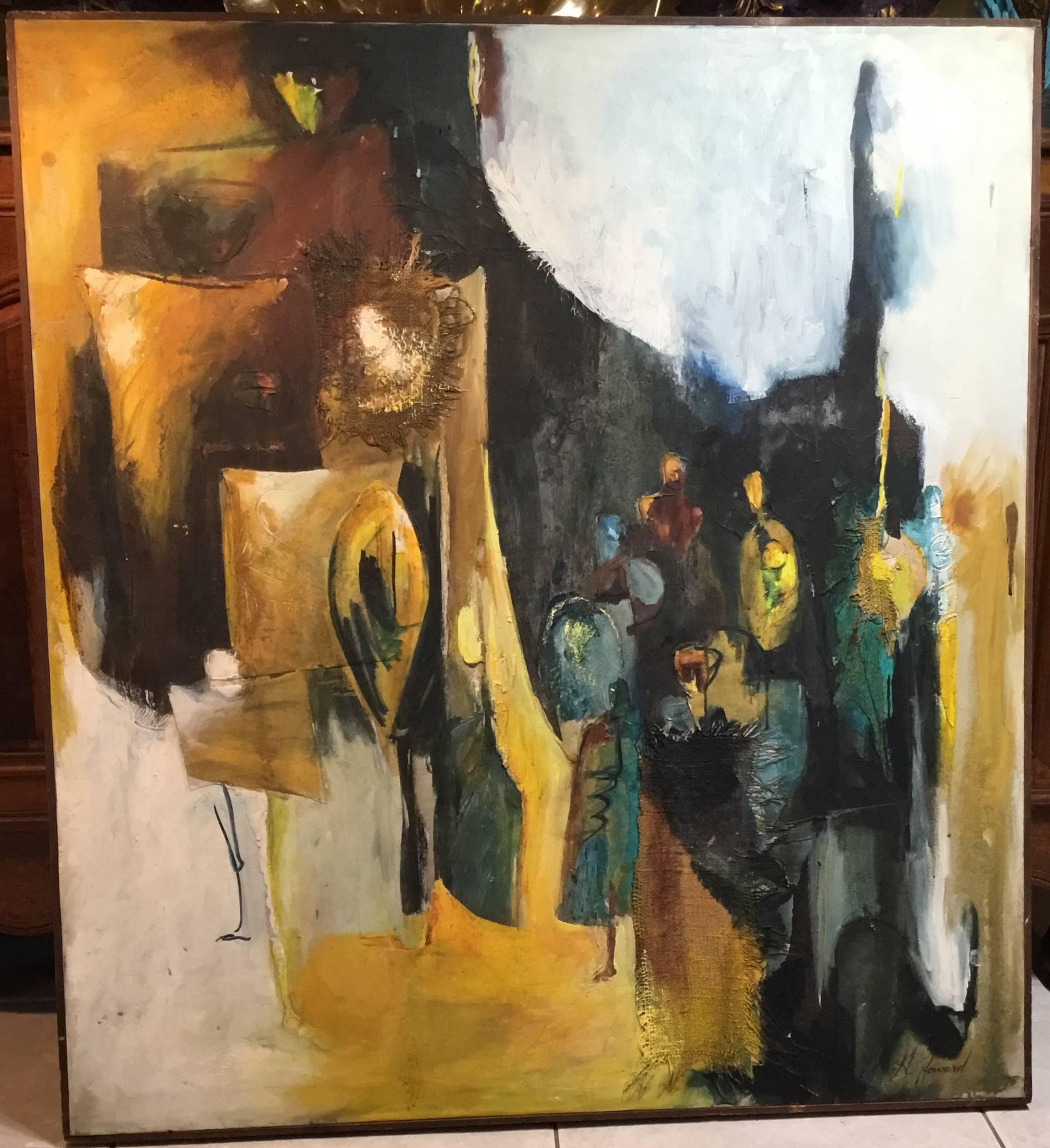 Original abstract oil painting signed by the artist on the bottom lower right 
H. Howard,
circa 1960.