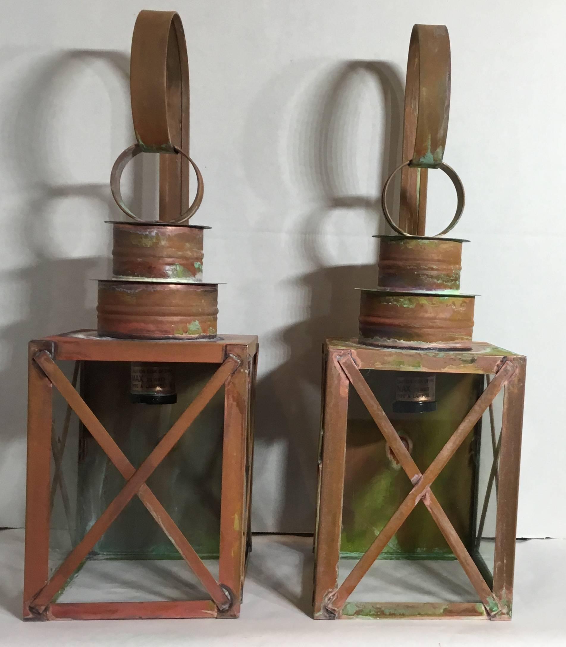Pair Of Wall lantern made of copper ,with one 75/watt light each .suitable for wet locations.UL approved ,up to US code .
Fine quality ,made in the USA.