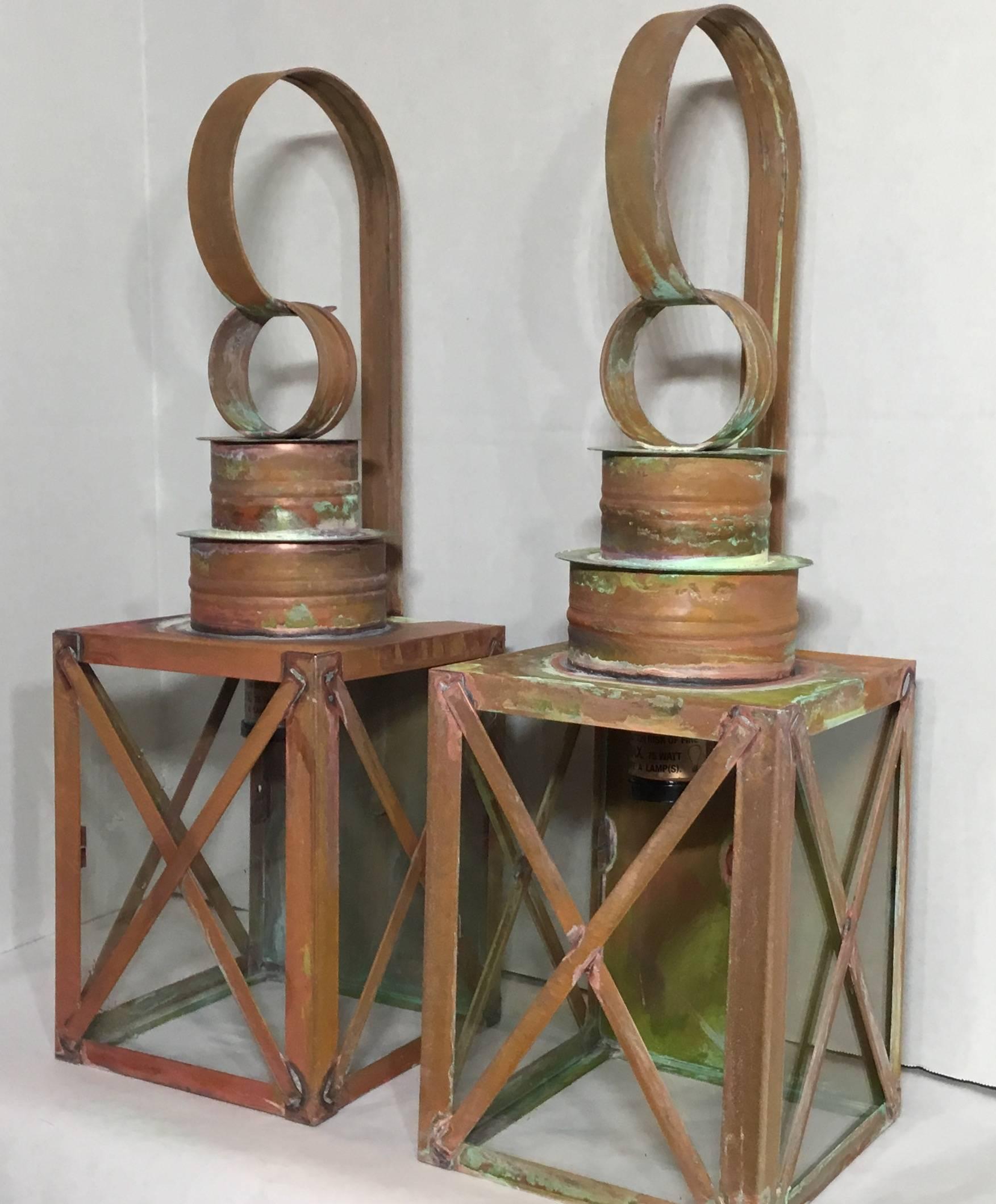 Pair of Funky Copper Wall Lantern In Excellent Condition In Delray Beach, FL