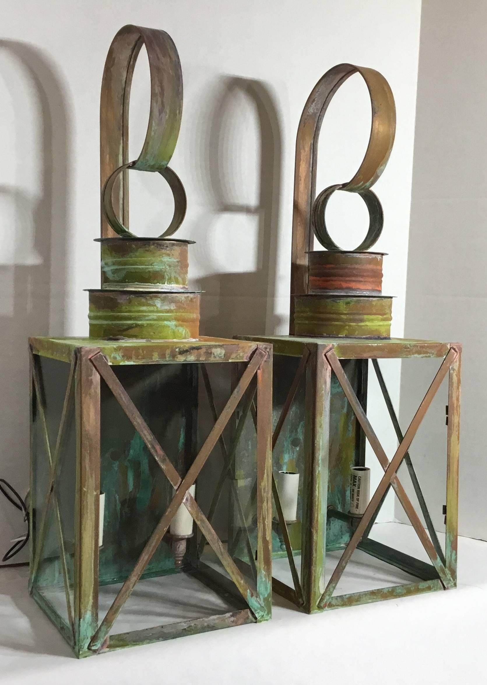 Pair of Architectural Copper Wall Lantern In Excellent Condition In Delray Beach, FL
