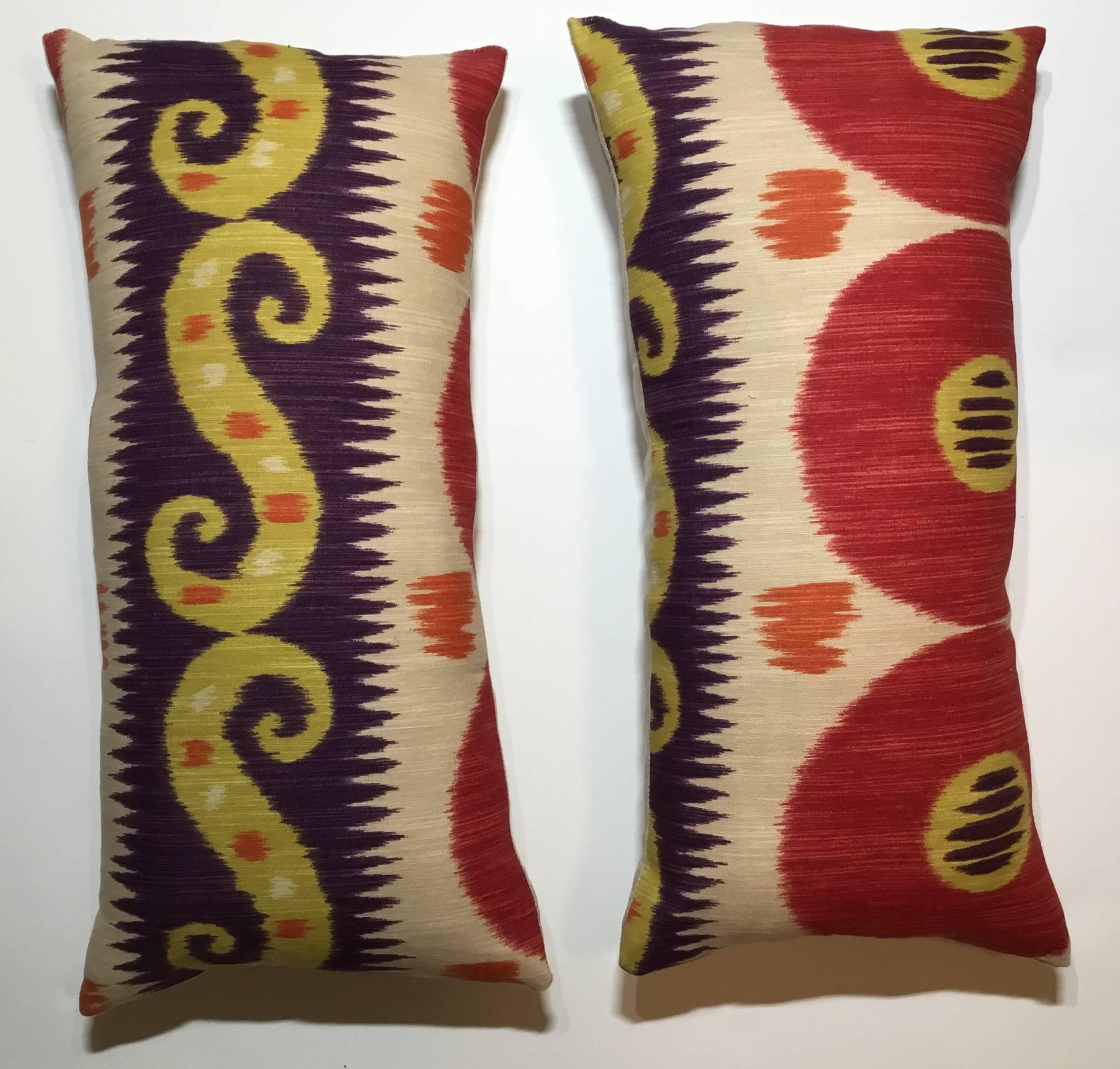 Beautiful pair of pillow made of colorful Ikat print, fine linen backing, frash inserts.