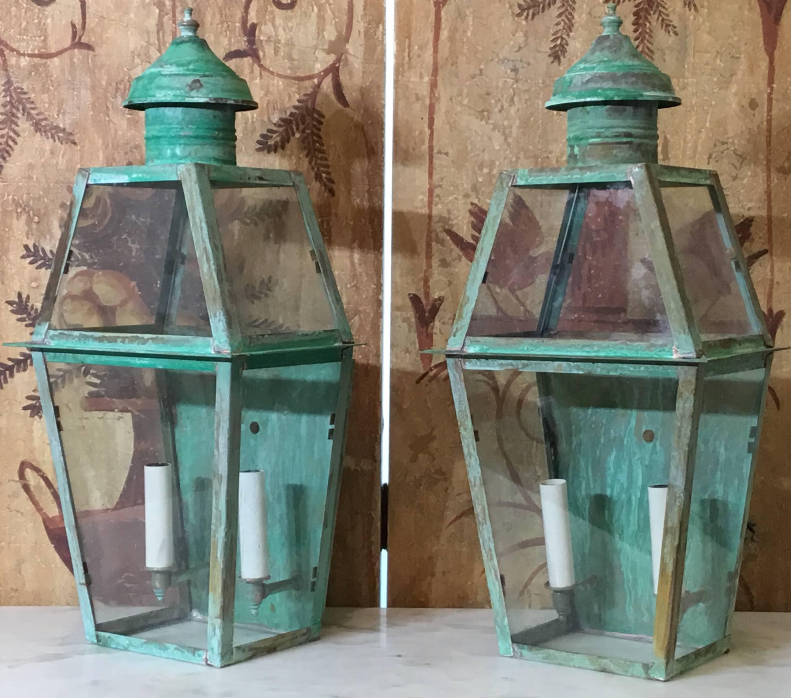 American Pair of Large Architectural Copper Wall Lantern 
