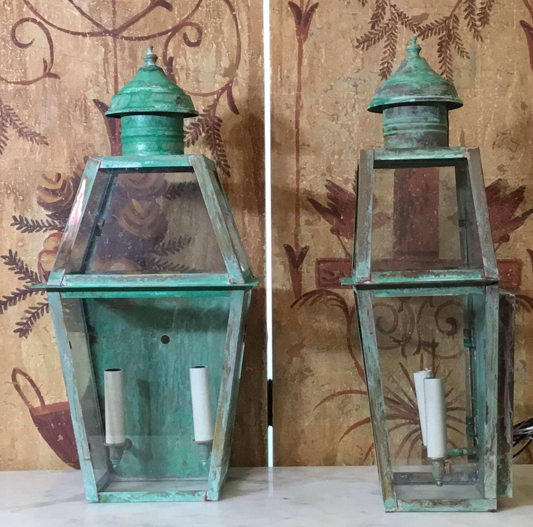 Pair of Large Architectural Copper Wall Lantern  In Excellent Condition In Delray Beach, FL