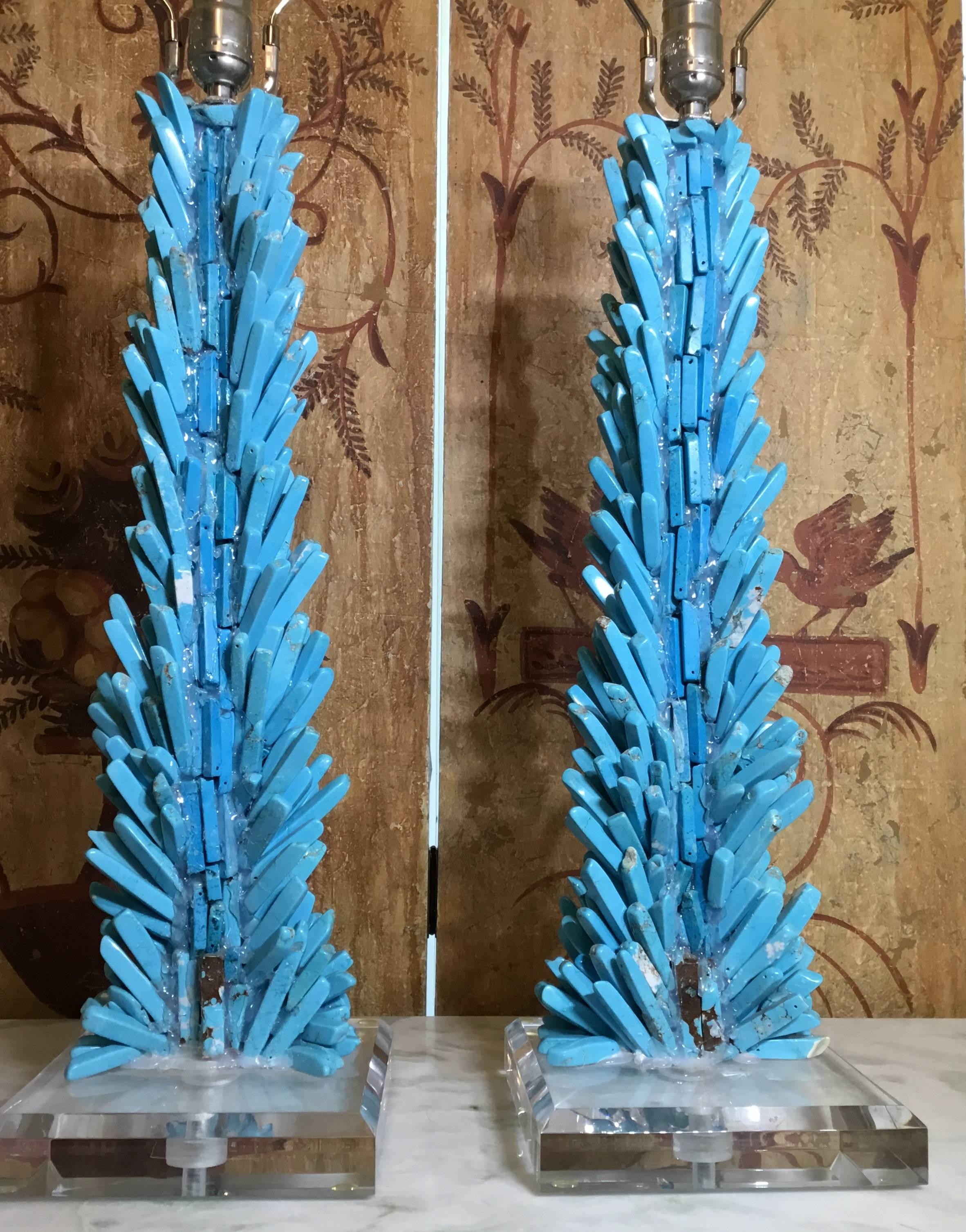 20th Century Pair of One of a Kind Turquoise Stone Lamps For Sale
