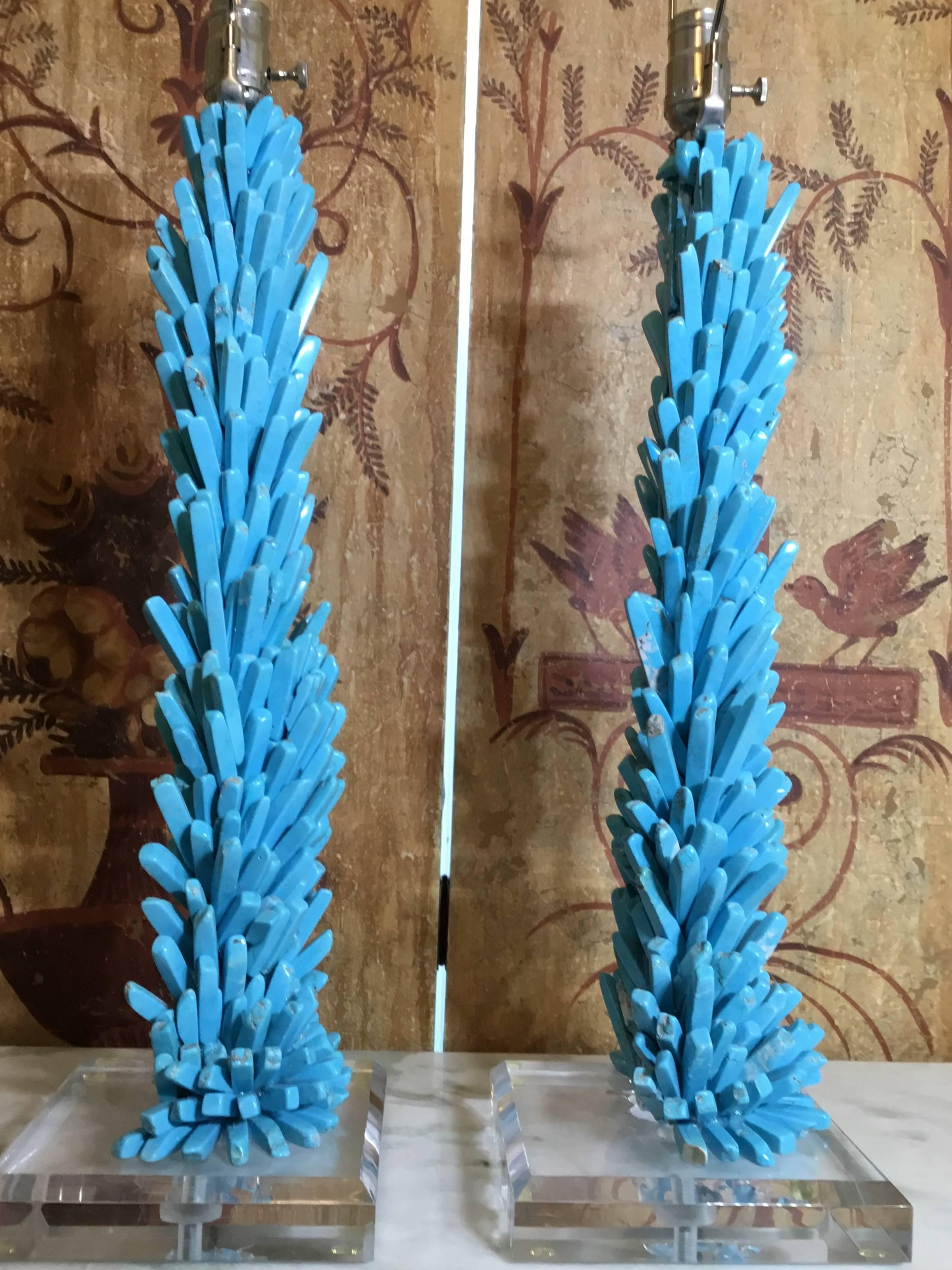 Lucite Pair of One of a Kind Turquoise Stone Lamps For Sale