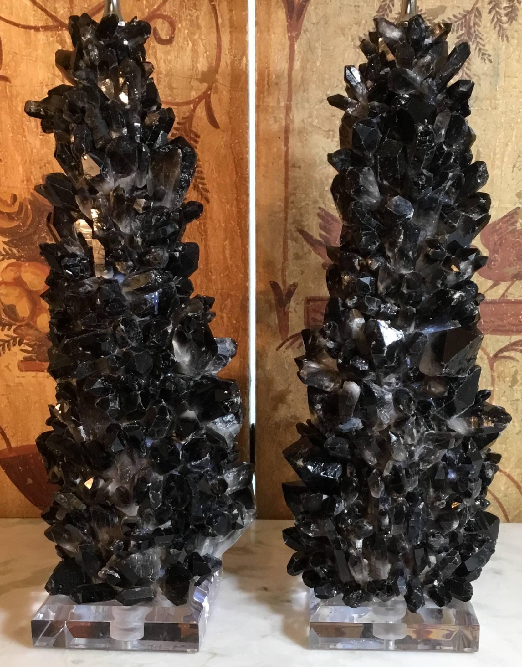 Pair of Spectacular Large Black Quartz Crystal Table Lamps 1