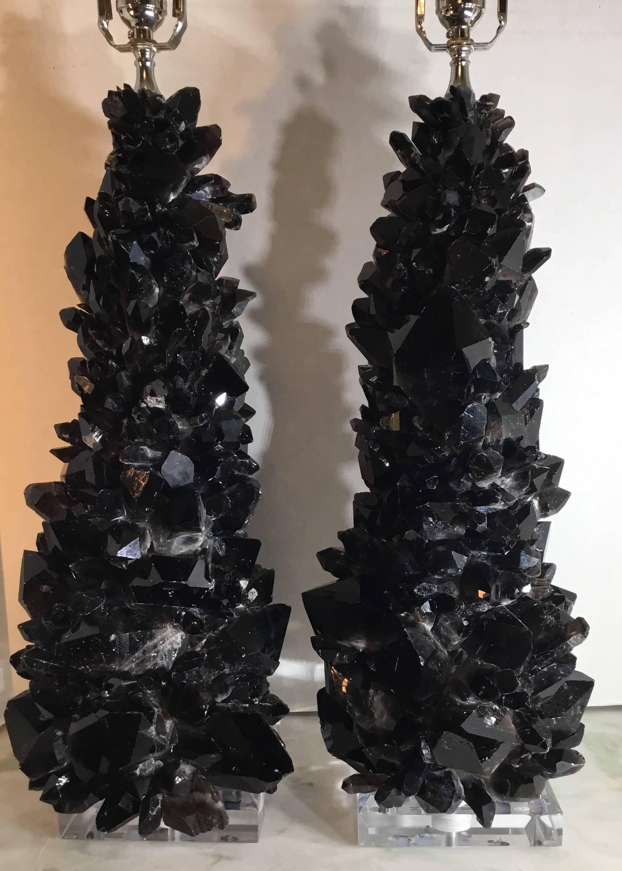 Pair of Spectacular Large Black Quartz Crystal Table Lamps 2