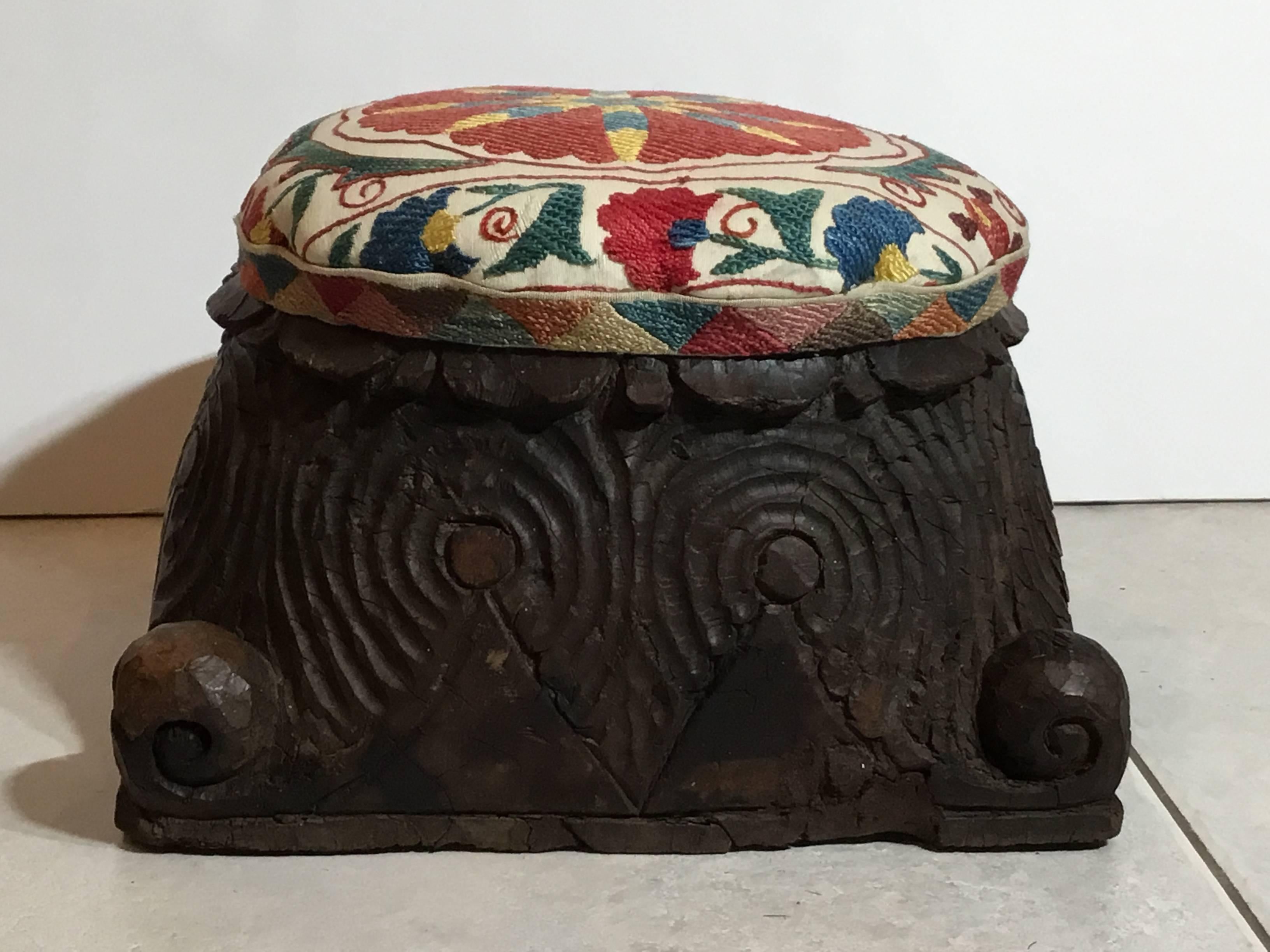 Carved Suzani Foot Stool