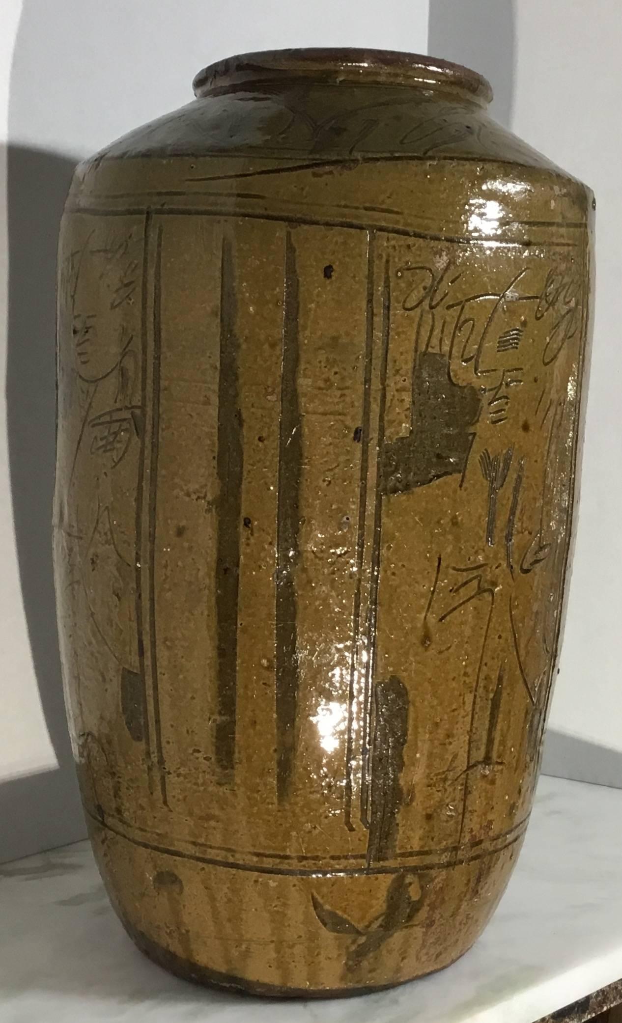 Elegant Chinese stoneware vase with muster greenish color. Artistically press
and painted of faces that look interesting and decorative.
Vessel like this used as storage for fruit spices wine and water.
Has some imperfections while glazing.