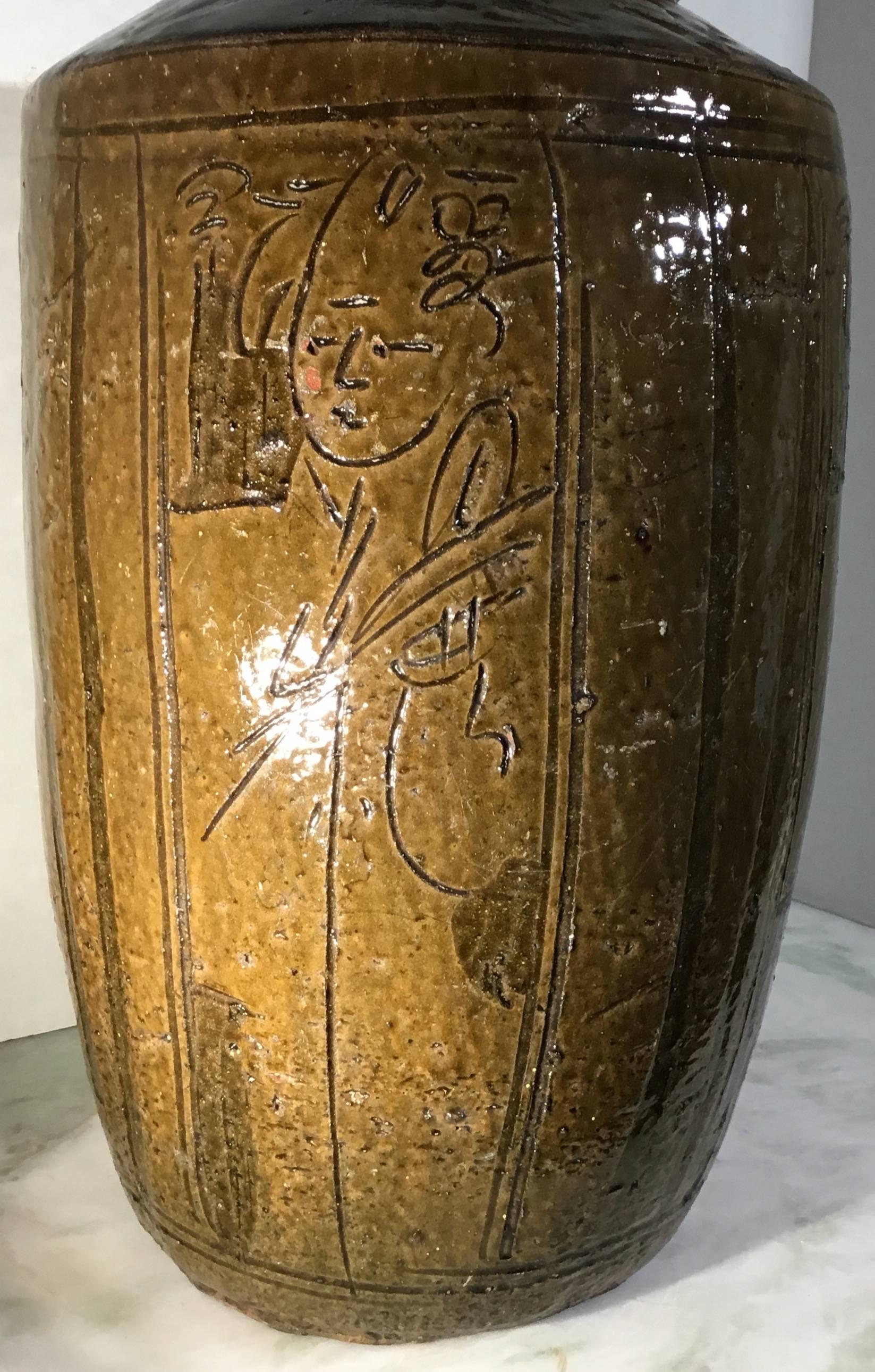 Large-Mid Century Glazed Chinese Stoneware Vase In Good Condition In Delray Beach, FL
