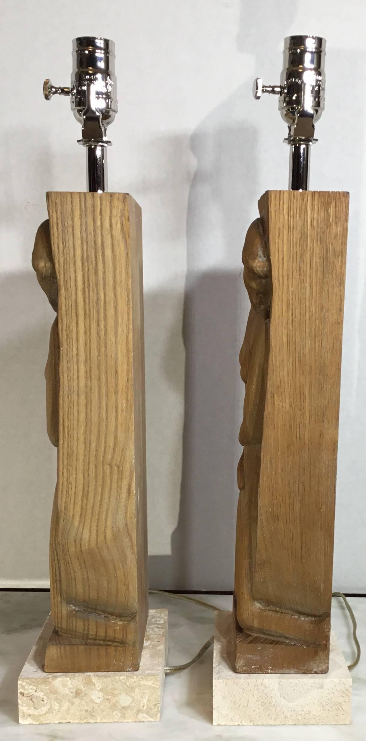 20th Century Pair of Midcentury Carved Wood Table Lamps