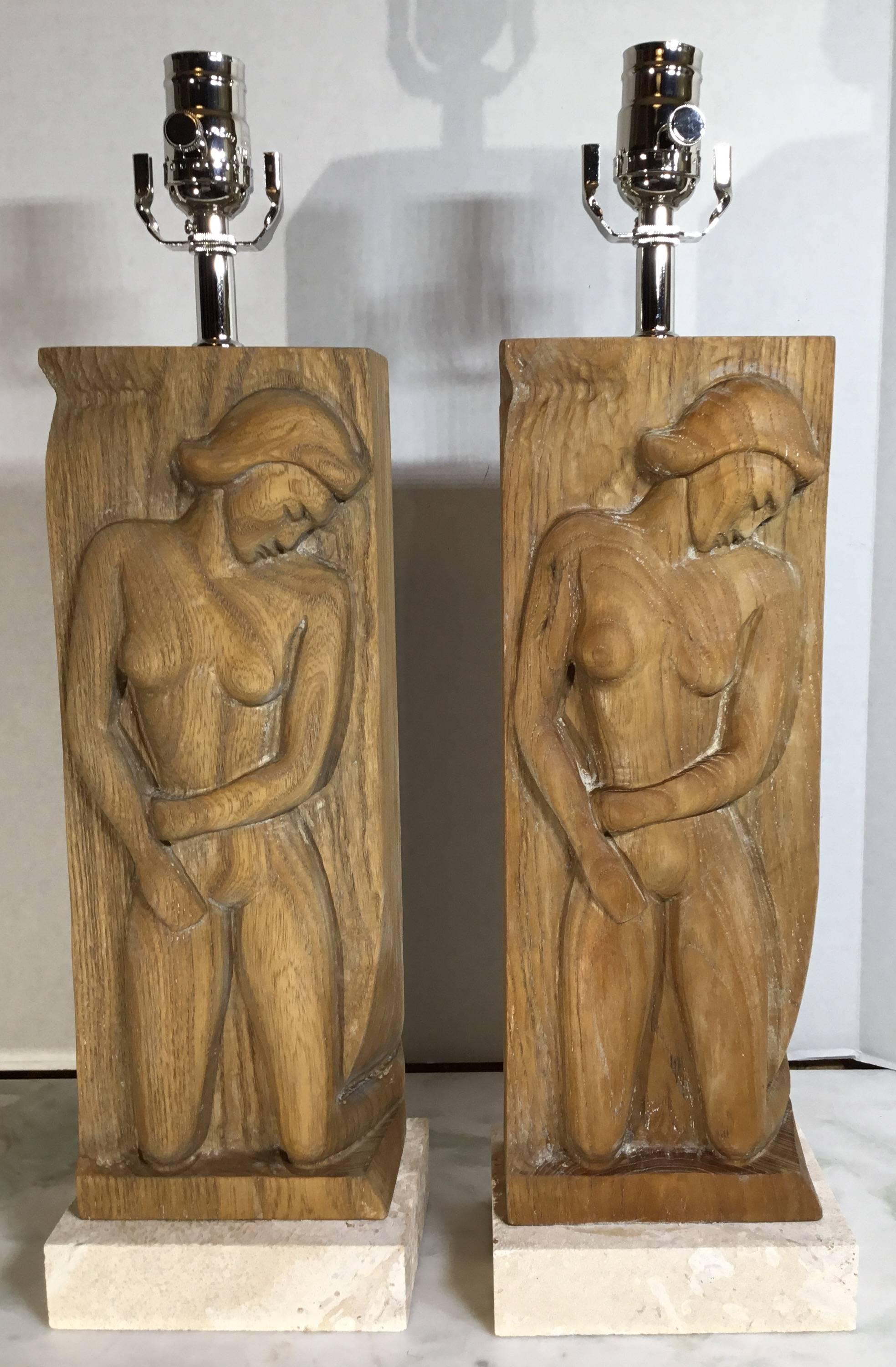Pair of Midcentury Carved Wood Table Lamps 2