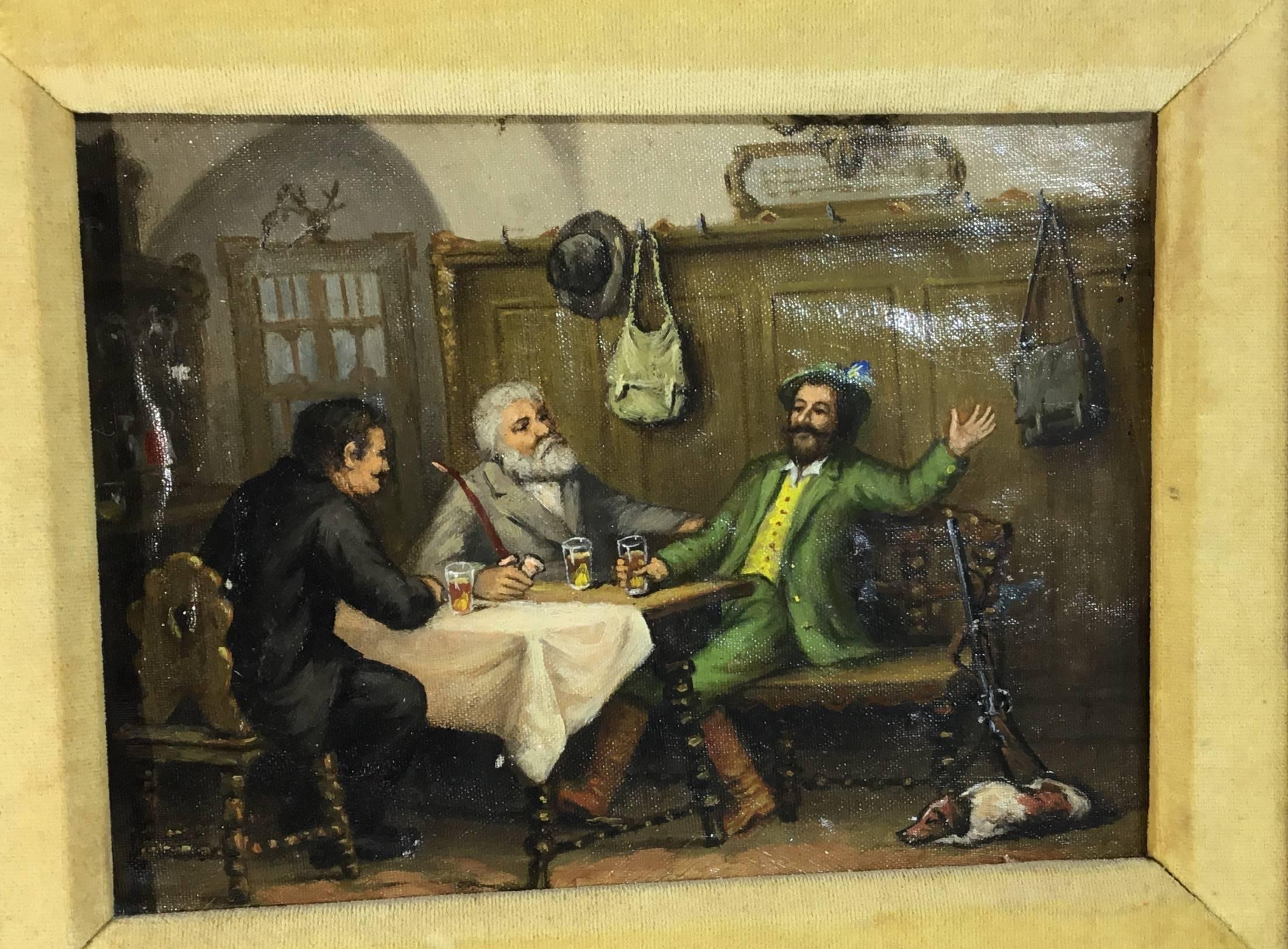 Interesting oil painting on canvas of a hunter sitting in a bar and drinking with his friends, this painting is in good condition although it has some small parts repainted and the canvas is not straight. Otherwise it is excellent subject and very