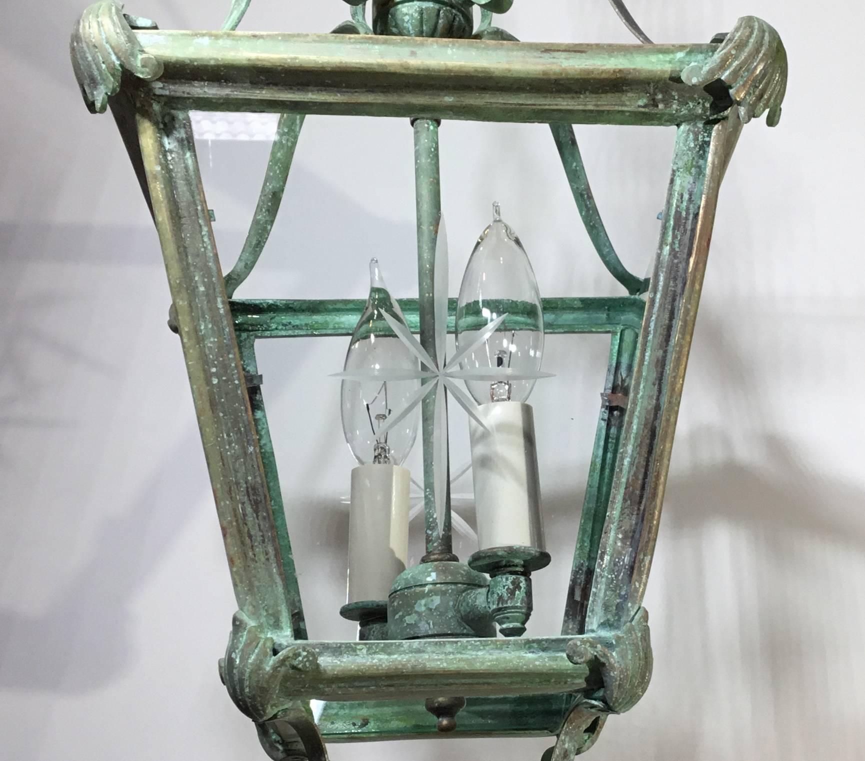 Bronze and Brass Hanging Lantern In Excellent Condition In Delray Beach, FL