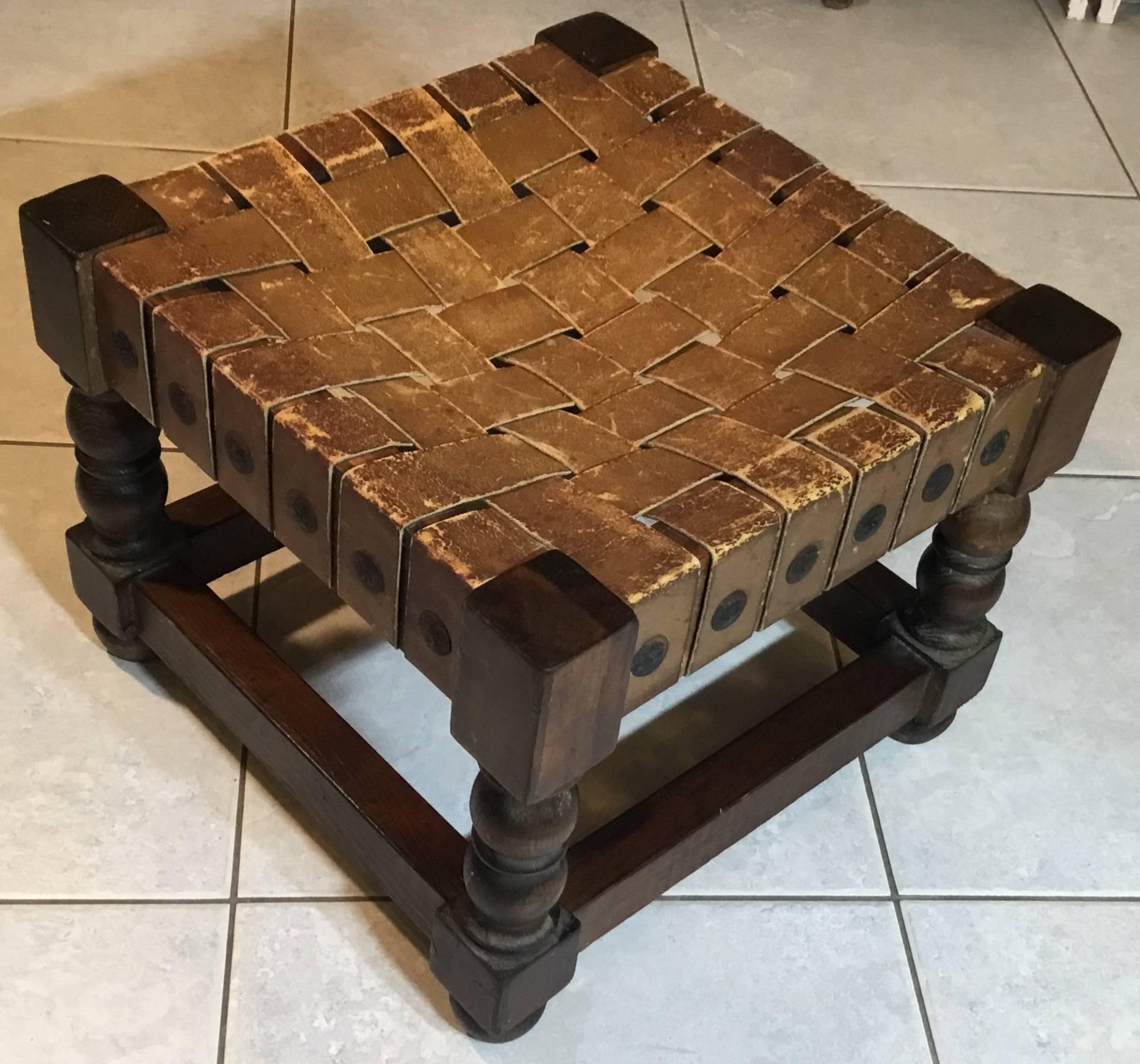 Woven Leather Top Wood Stool 1