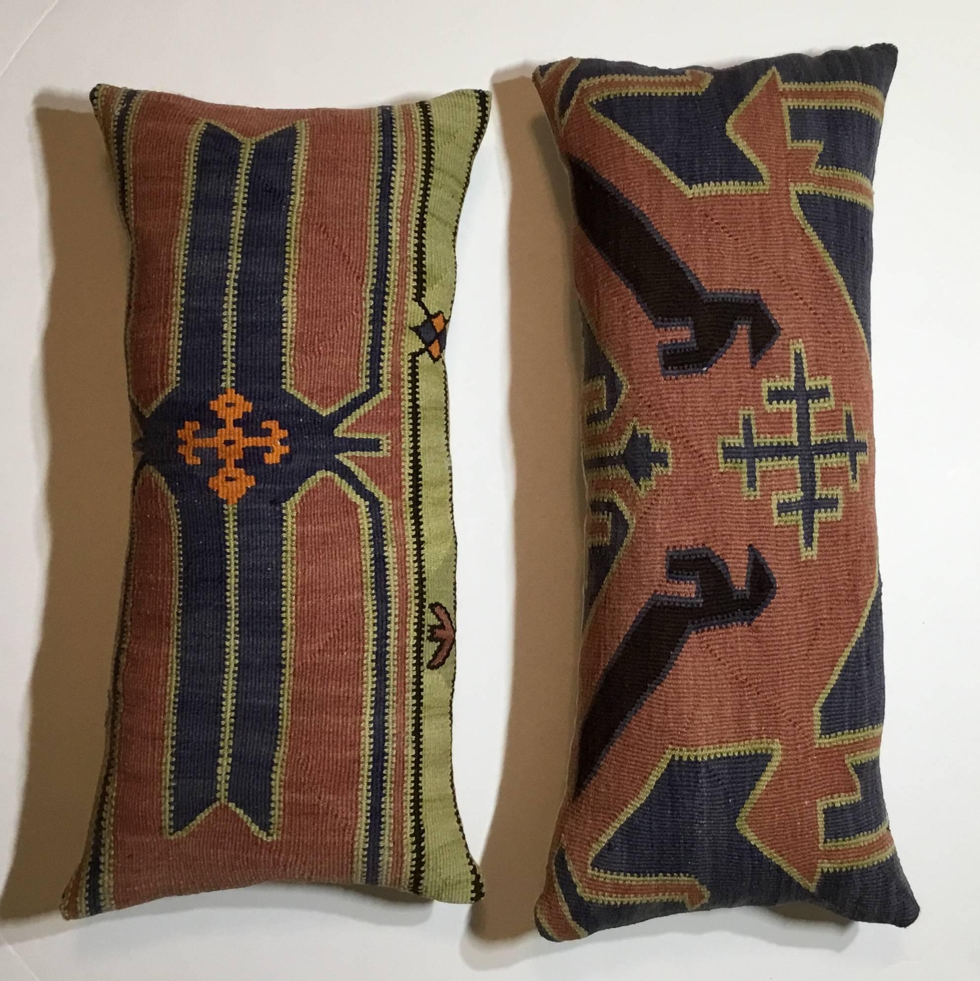 Wool Pair of Antique Kazak Rug Pillows