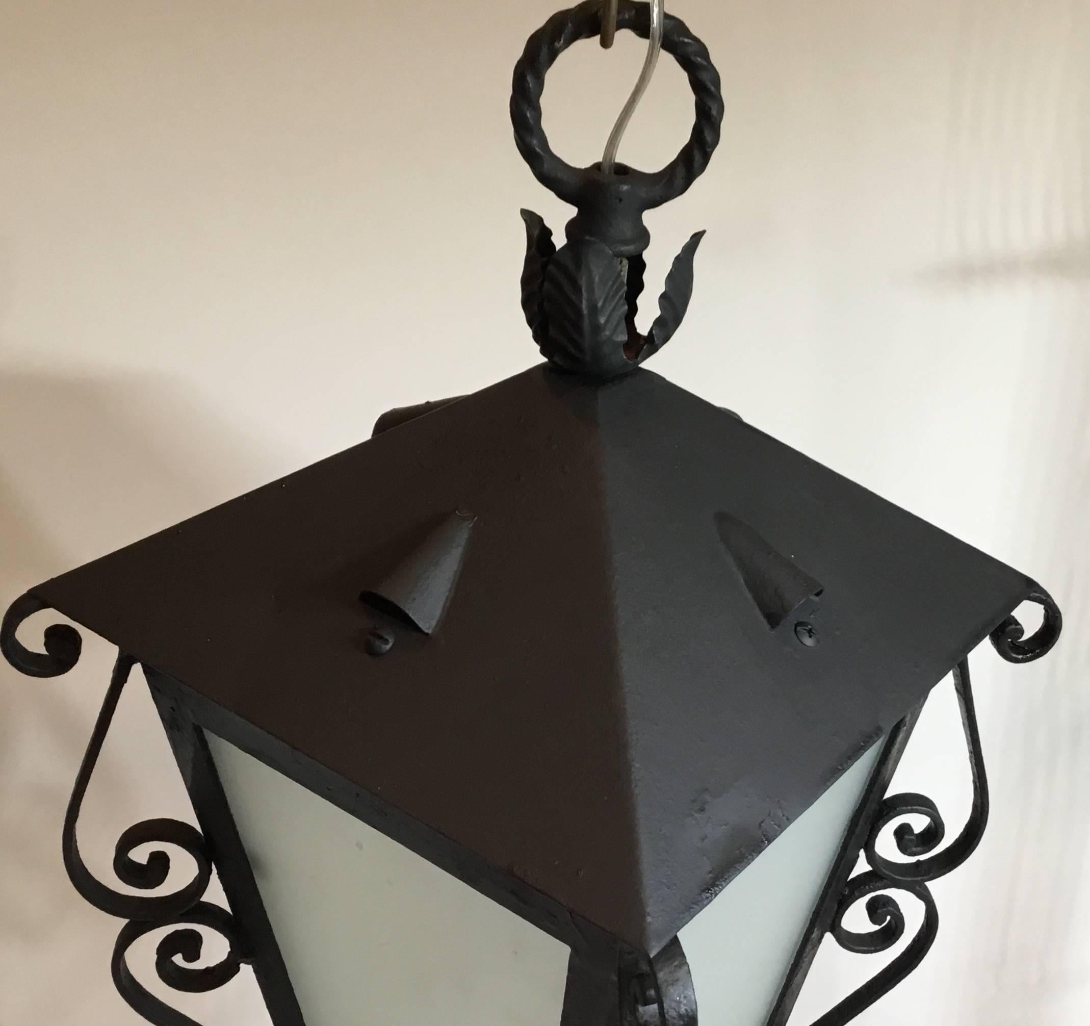 Mizner  Style Iron Hanging Lantern In Excellent Condition In Delray Beach, FL