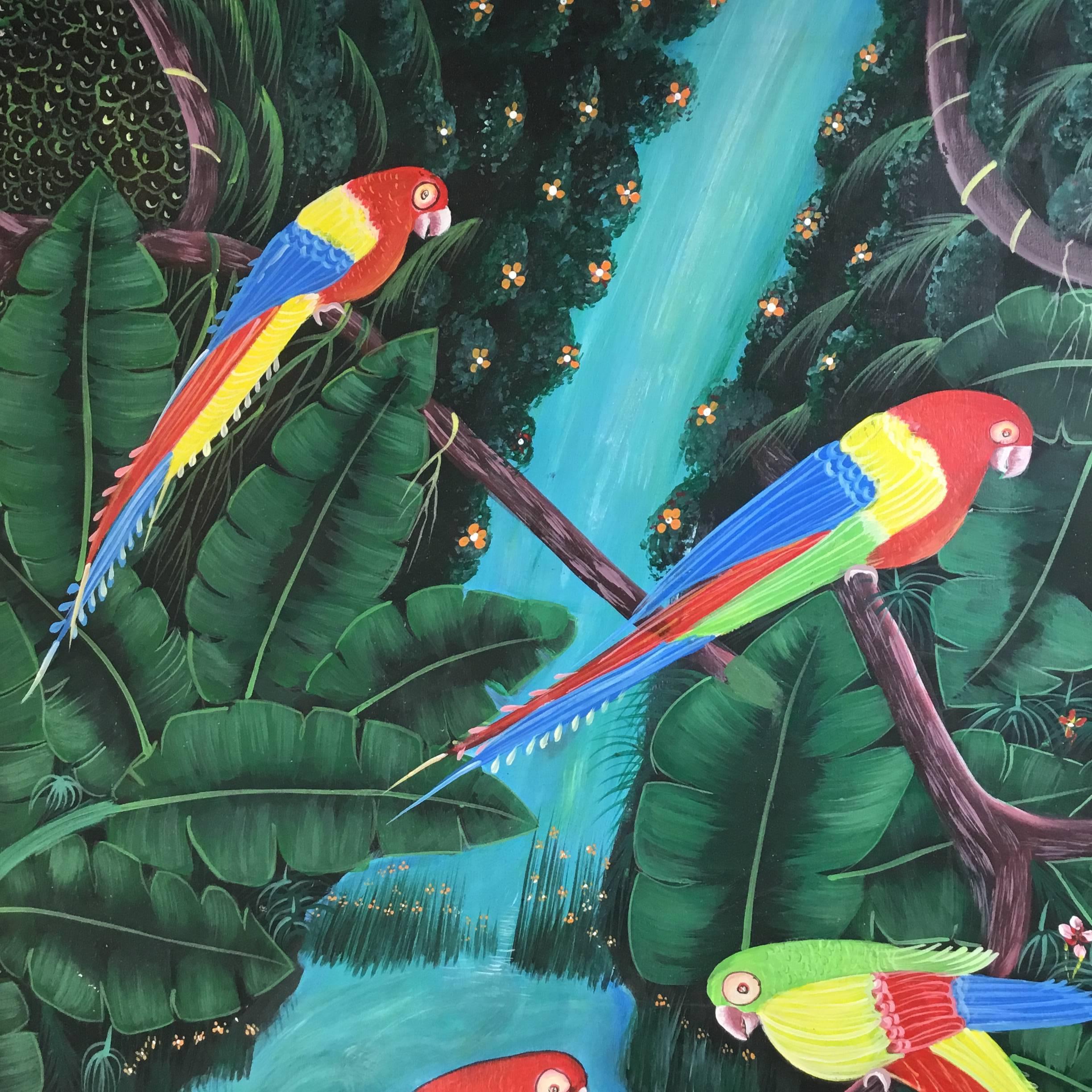 Parrots in the Jungle Haitian Oil Painting For Sale 2