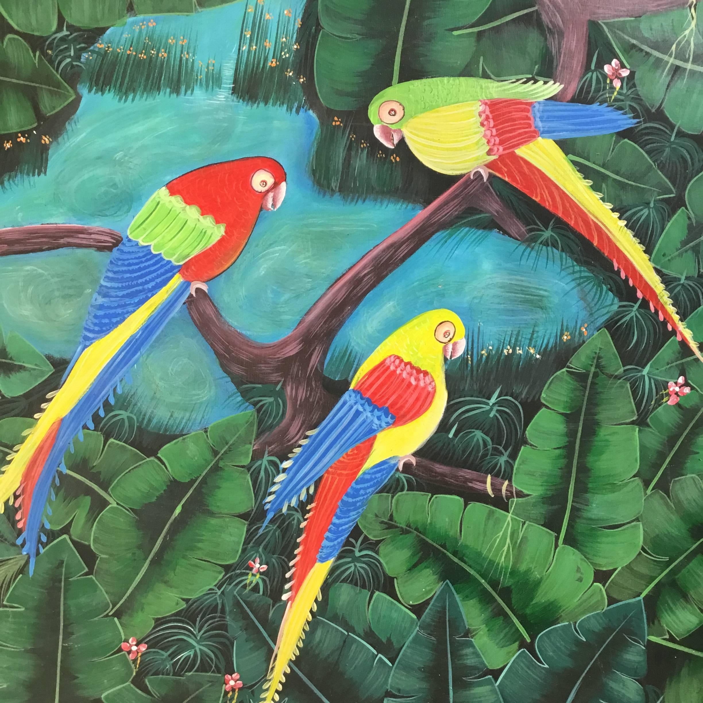 Parrots in the Jungle Haitian Oil Painting For Sale 1