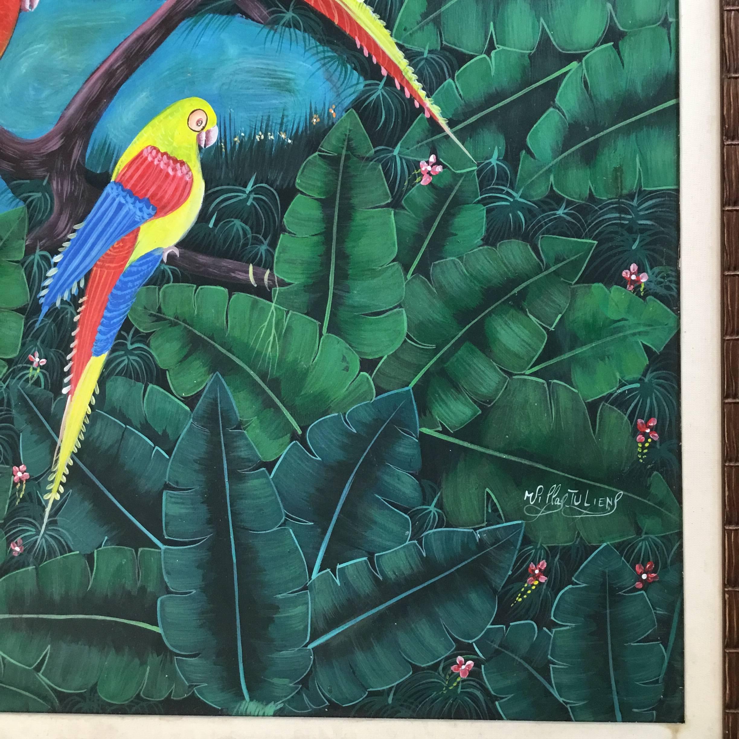 Late 20th Century Parrots in the Jungle Haitian Oil Painting For Sale