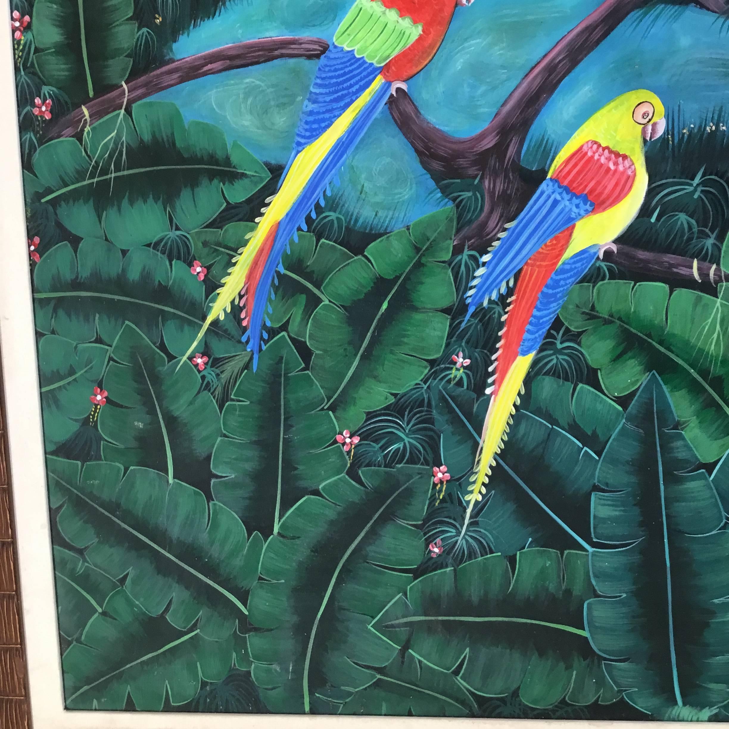Canvas Parrots in the Jungle Haitian Oil Painting For Sale