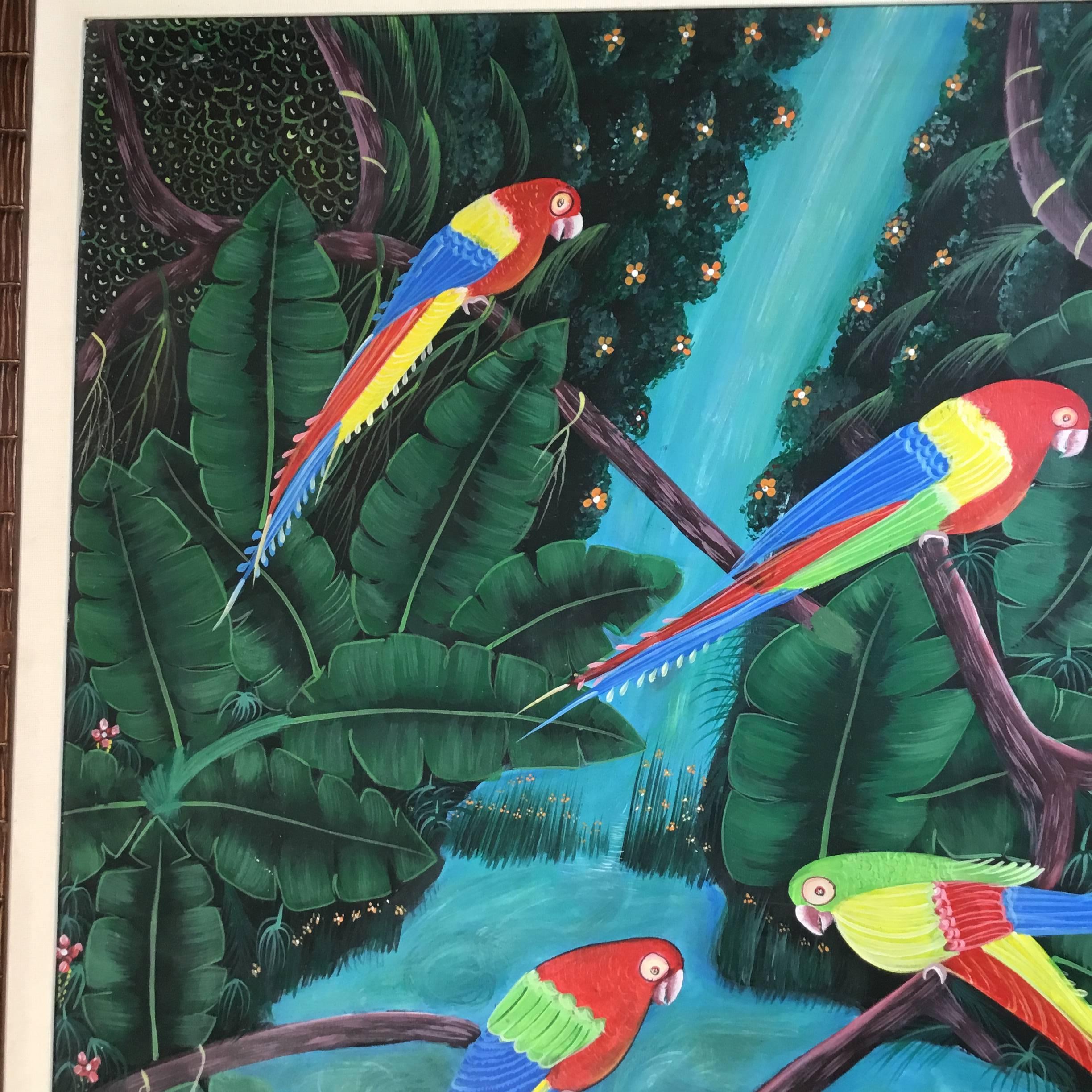 Parrots in the Jungle Haitian Oil Painting In Excellent Condition For Sale In Delray Beach, FL