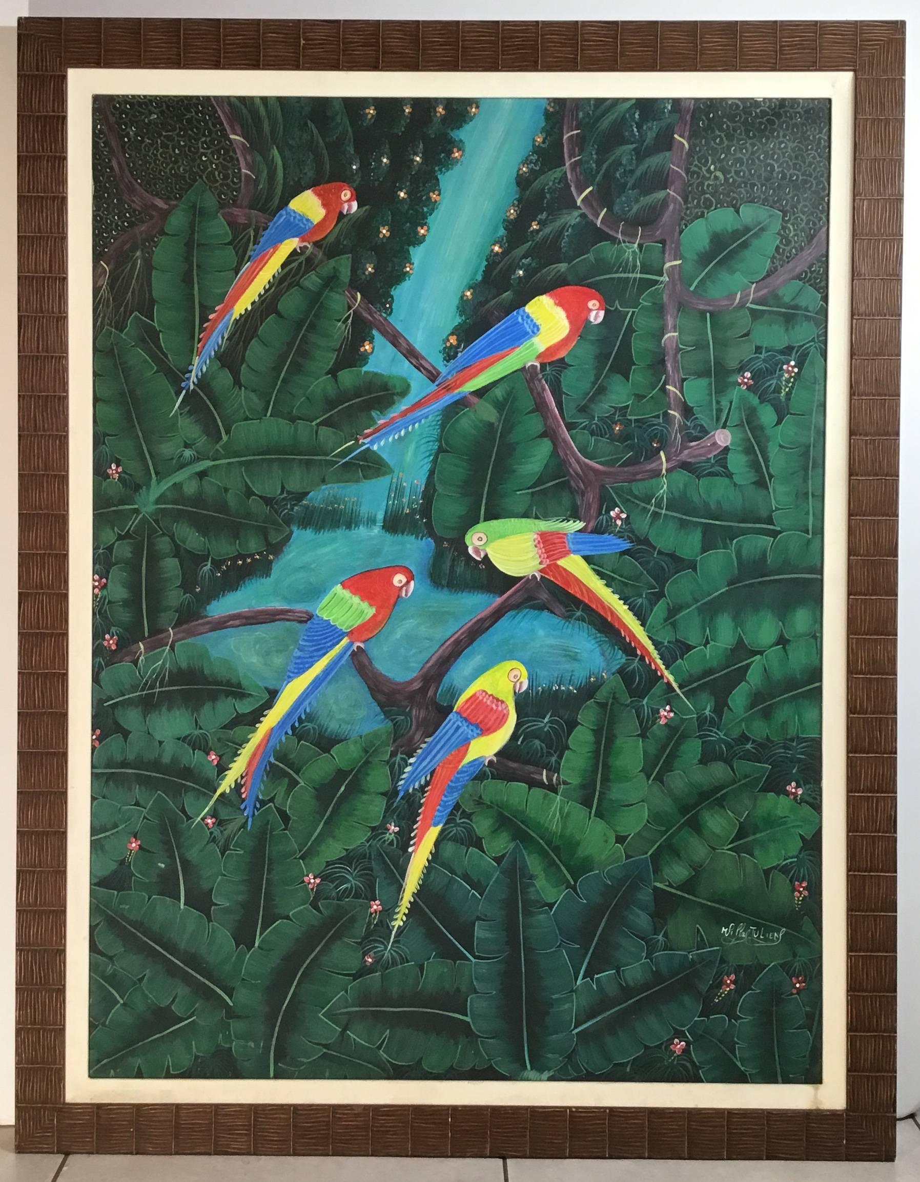 Außergewöhnliche Ölgemälde auf Leinwand von haitianischen Künstler zeigt üppigen grünen Dschungel mit hellen und lebendigen bunten Papageien mit Blick auf schöne grüne und türkise geheimnisvolle Wasserfall.
Das Gemälde hat die originale alte