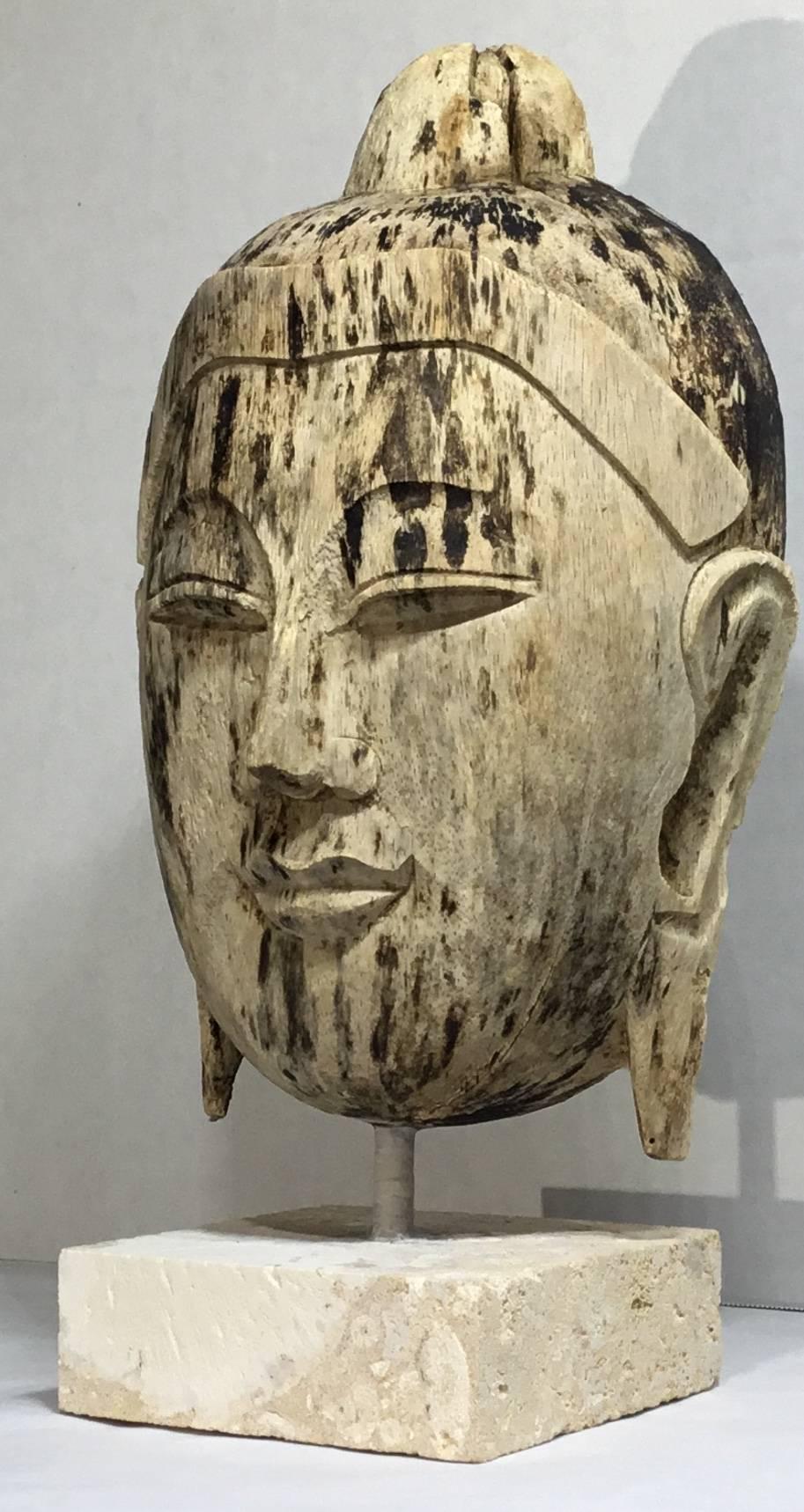 Antique Hand-Carved Wood Buddha Head  2