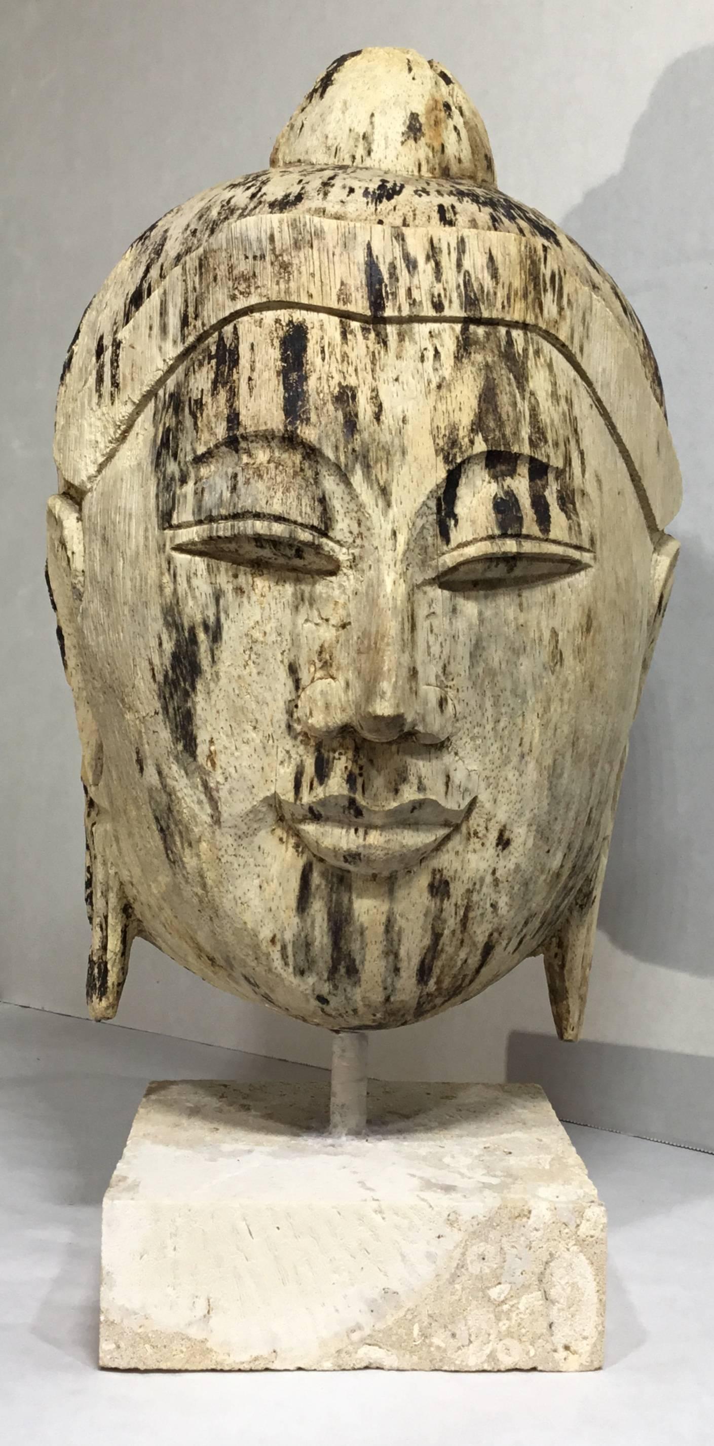 Antique Hand-Carved Wood Buddha Head  4