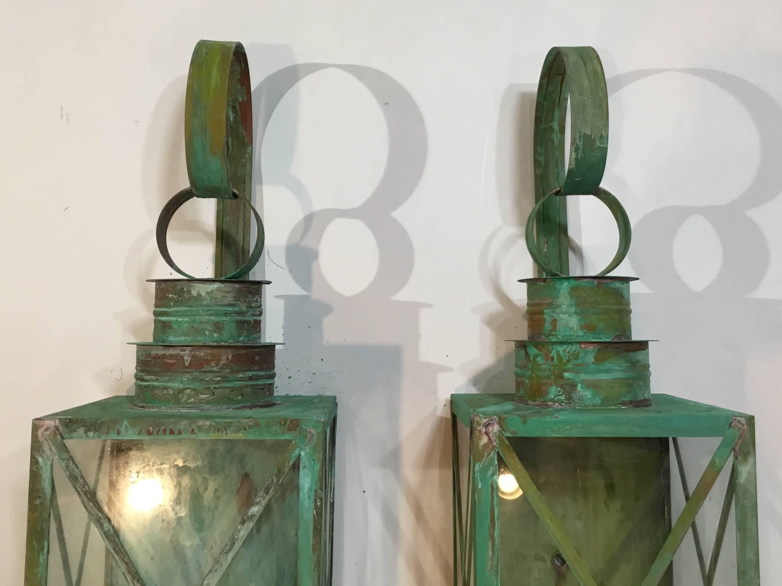 Pair of Architectural Wall Hanging Copper Lantern  In Excellent Condition In Delray Beach, FL