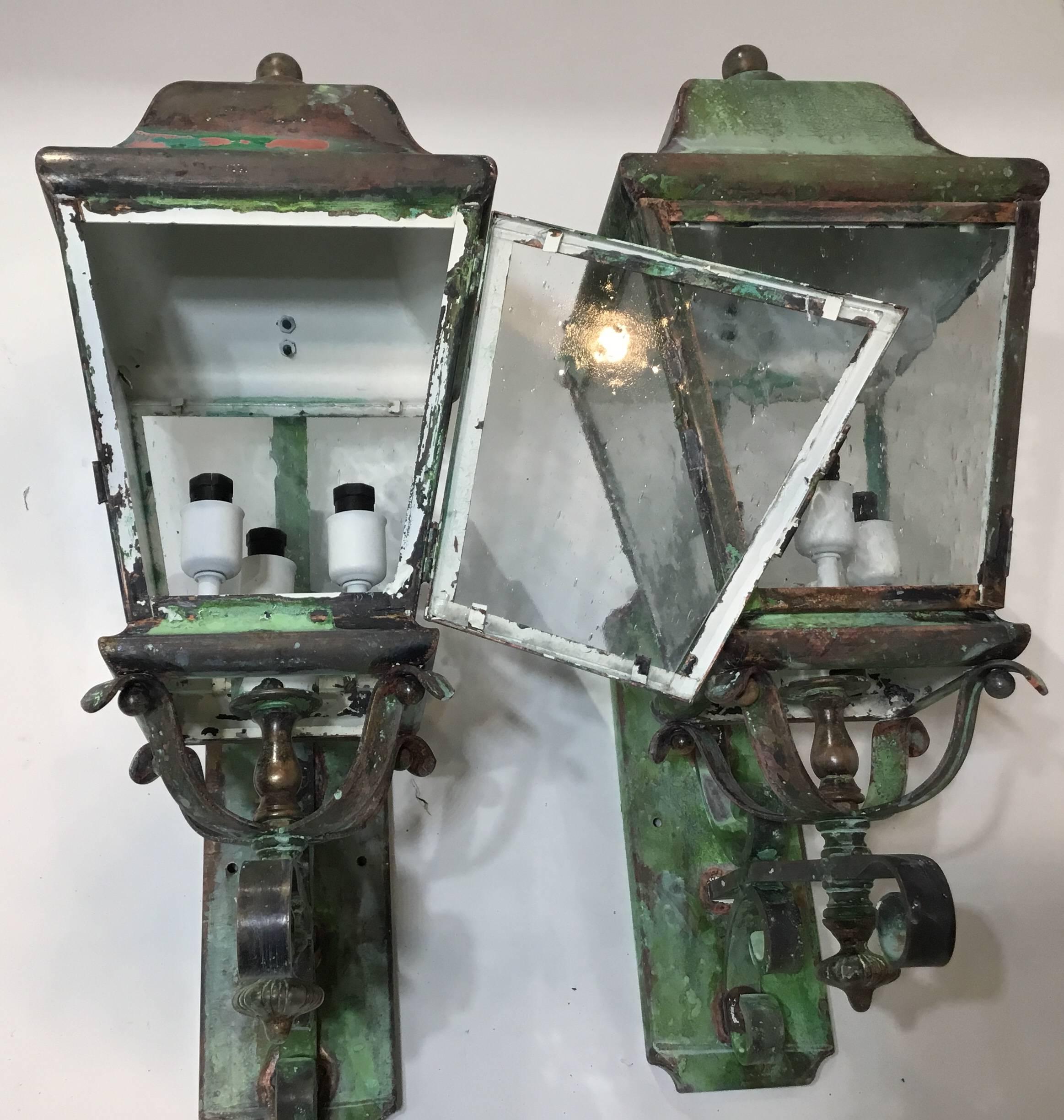 20th Century Pair of Architectural Wall Mounting Brass Lanterns